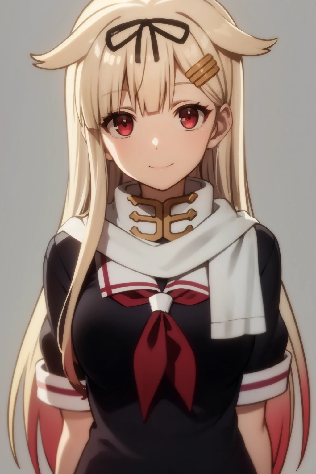 masterpiece, best quality,
1girl, yuudachikaini, blonde hair, gradient hair, hair flaps, long hair, hair ribbon, hairclip,  red eyes,
serafuku, fingerless gloves,  neckerchief, pleated skirt, school uniform, scarf, 
hands behind back, smile,  upper body, solo, looking at viewer, simple background, solid grey background    <lora:Yuudachi:1>