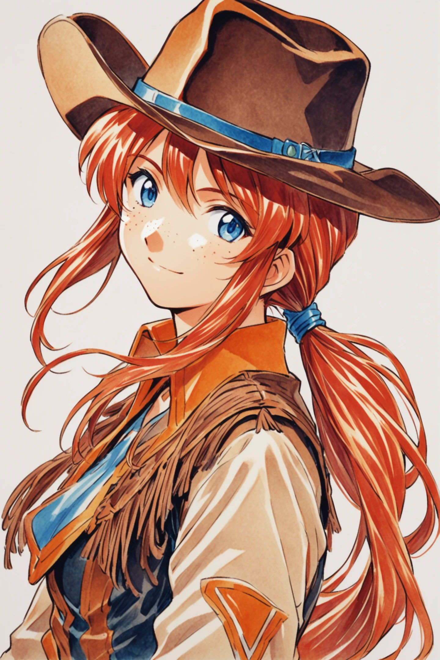 Gemini Sunrise,freckles,1girl,solo,hat,cowboy hat,blue eyes,long hair,smile,upper body,white background,traditional media,ponytail,cowboy western,simple background,looking at viewer,orange hair,jewelry,red hair,<lora:Sakura Wars_XL:0.8>,