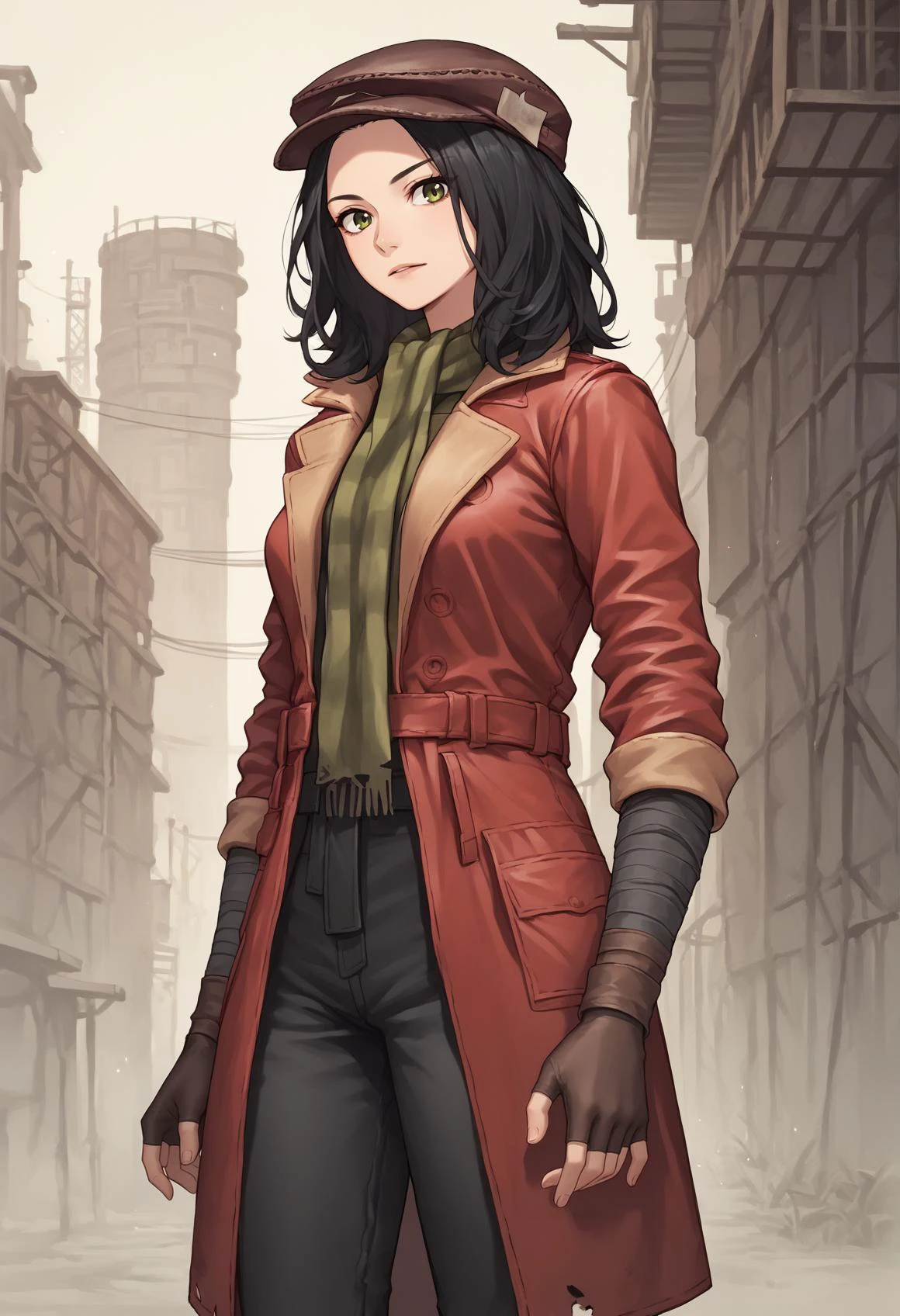 1girl, medium hair, black hair, cabbie hat, green scarf, striped scarf, red coat, fingerless gloves, black pants, boots, cowboy shot, looking at viewer <lora:Piper_Wright:1>score_9, score_8_up, score_7_up, score_6_up, score_5_up, score_4_up, BREAK source_anime, masterpiece