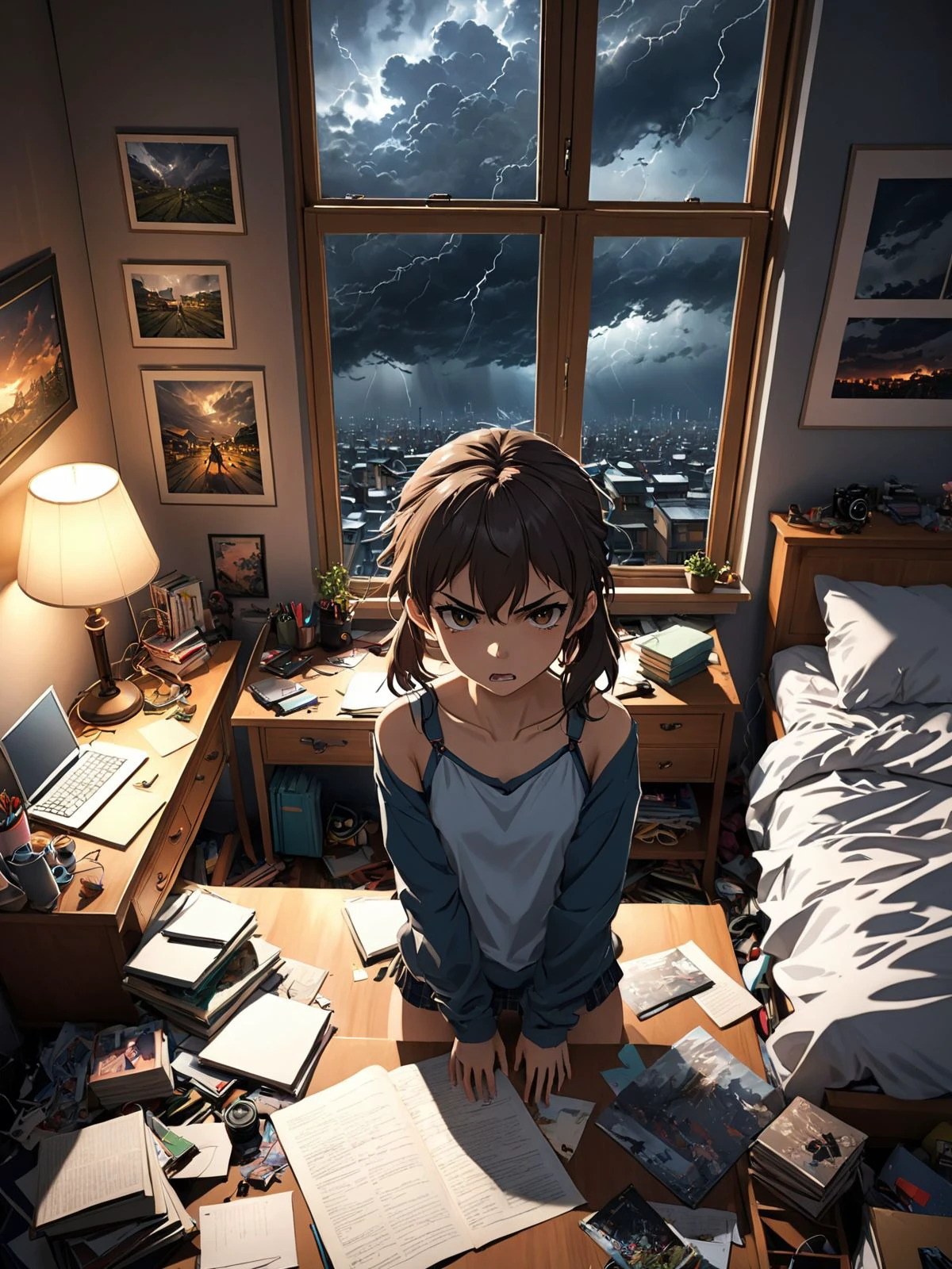 angry 18yo sister, bedroom, desk, messy room, anime, looking at viewer, window, angry, arms behind back, from above, stormy sky, dim light at cozy bedroom,, (masterpiece, best quality, very aesthetic, ultra detailed), intricate details,