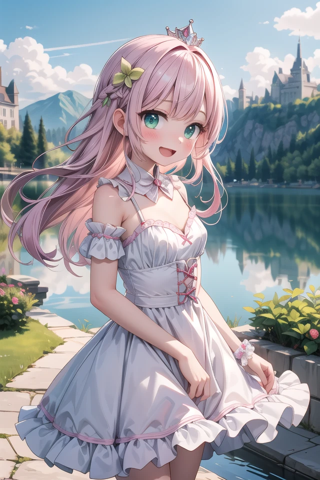 insanely detailed, absurdres, ultra-highres, ultra-detailed, best quality,
1girl, solo, nice hands, perfect hands,
BREAK
(wearing princess dress), teara,
happy smile, laugh, open mouth,
standing,
from side, cowboy shot, looking at viewer, (holding bar:-1.5), (hip:-1.5)
BREAK
slender, kawaii, perfect symmetrical face, ultra cute girl, ultra cute face, ultra detailed eyes, ultra detailed hair, ultra cute, ultra beautiful,
BREAK
fantasy world, (castle in background, lake:1.3), (very wide, panorama view, sense of depth, magnificent view:1.3)
BREAK
princess girl, pink hair, green eyes, medium breasts