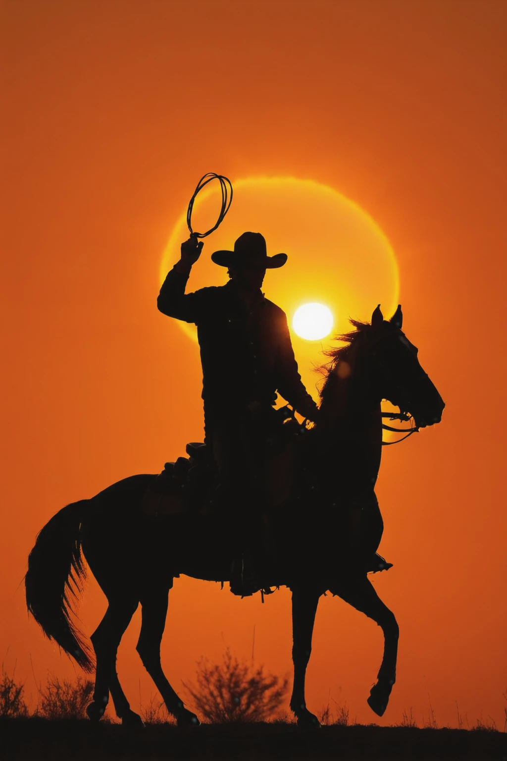 Sunset, orange, (sun:1.2), 
Cowboy riding a horse,