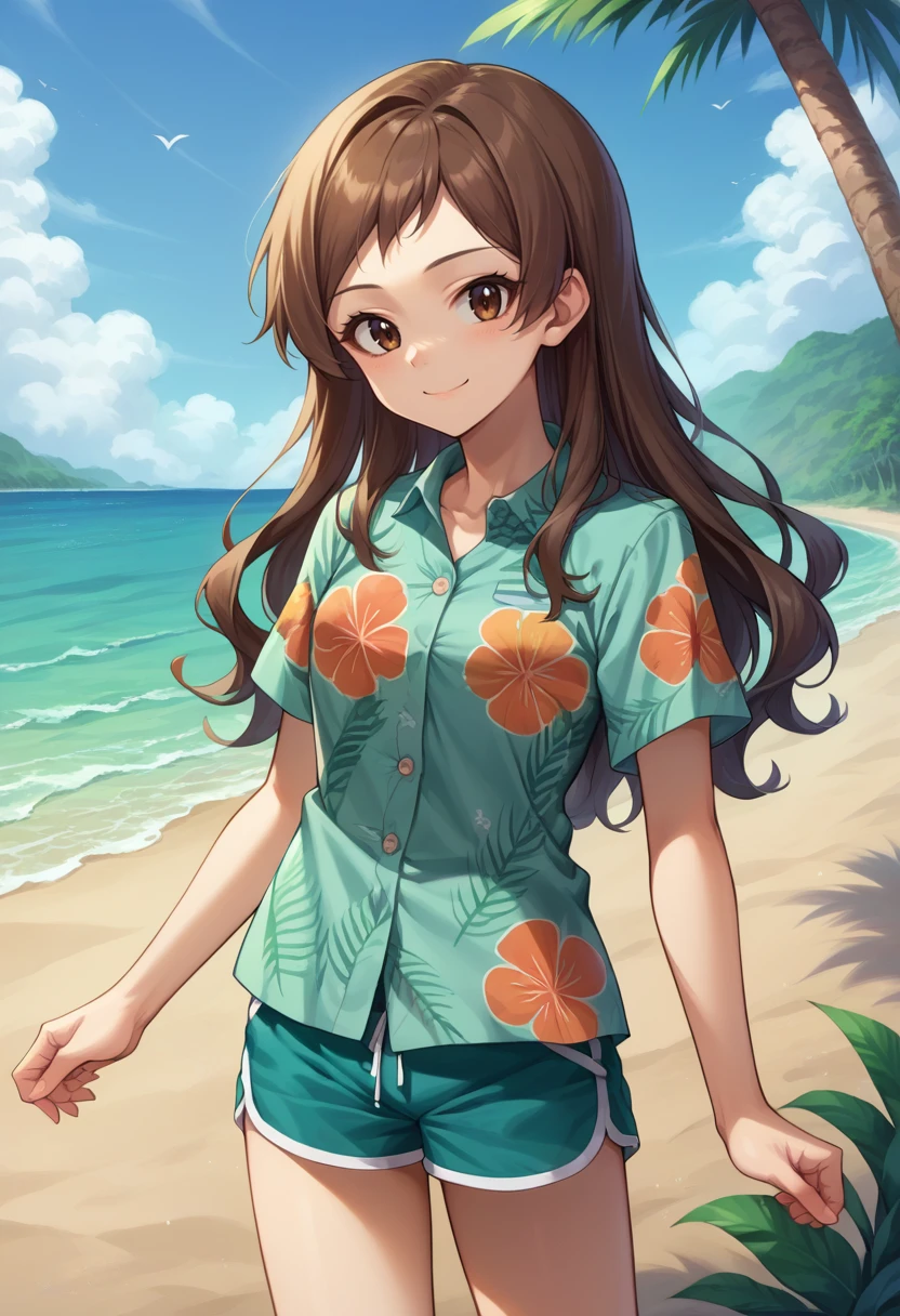 score_9, score_8_up, source_anime, 1girl, solo, KitazawaShiho, long hair, hawaiian shirt, dress shirt, multicolored shirt, shorts, dolphin shorts, smile, outdoors, beach, <lora:ChamKitazawaShihoPonyXL-000007:1>