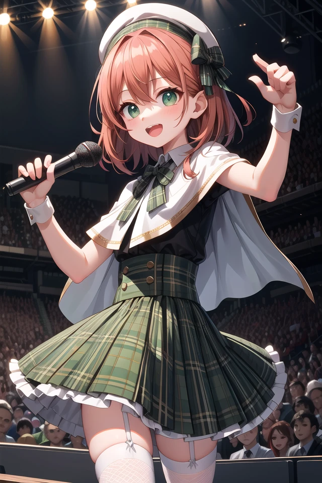 insanely detailed, absurdres, ultra-highres, ultra-detailed, best quality,
1girl, solo, nice hands, perfect hands
BREAK
(gothic drress, Idol costume:1.3), (green and white theme:1.2), (white blouse:1.4), (white collar, tie:1.3), (open short-cape:1.3), (short sleeve:1.2), (green tartan-check pattern (ruffle-skirt, multilayer-skirt):1.4), (white basque-beret with ribbon:1.3), (Fishnet stockings:1.3), (glove:1.2), (cleavage:-1.5)
BREAK
happy smile, laugh, open mouth, (standing, singing, dancing, holding microphone:1.4),
from side,
seductive pose, cowboy shot
BREAK
slender, kawaii, perfect symmetrical face, ultra cute girl, ultra cute face, ultra detailed eyes, ultra detailed hair, ultra cute, ultra beautiful
BREAK
indoors, concert hall, idol live, crowded audience
BREAK
large breasts,
(orange medium hair, green eyes), hair between eyes
