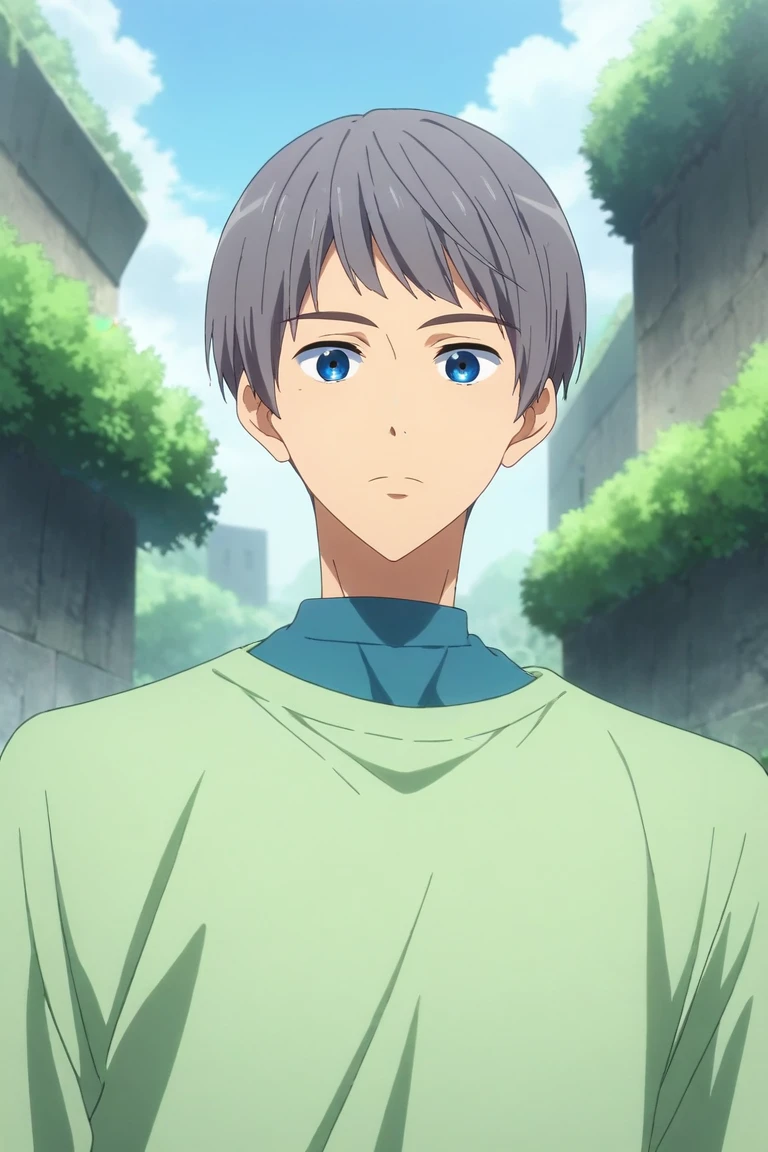 score_9, score_8_up, score_7_up, source_anime, rating_safe, , anime screencap, , official style, looking at viewer, , 1boy, solo, male focus, <lora:aiichirou_nitori_pony:0.86>, aiichirou_nitori, grey hair, blue eyes, , from below, hill, greenery, midnight, villain pose, :o, , <lora:sdxl_lightning_8step_lora:1>