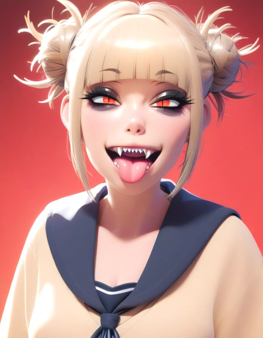 score_8_up,score_7_up,score_6_up,score_5_up,score_4_up,perfect eyes,1girl,toga_himiko_mha,bags under eyes,black eyeliner,black eyeshadow,blue sailor collar,blunt bangs,cardigan,double bun,eyelashes,eyeliner,eyeshadow,fangs,hair bun,looking at viewer,makeup,messy hair,open mouth,red background,red eyes,sailor collar,school uniform,scowl,sharp teeth,short hair,sidelocks,simple background,solo,teeth,yellow cardigan,<lora:toga_himiko_pony:0.7>,