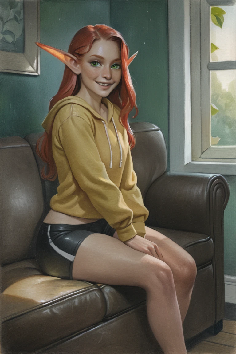 masterpiece, best quality, hi res, newest, traditional media, realistic, elf, pointy ears, red hair, long hair, green eyes, yellow hoodie, bike shorts, smile, 1girl, solo, looking at viewer, cowboy shot, sitting, on couch, couch, indoors, living room <lora:Turquoise Style LoRA_SeaArt Furry XL 1.0:0.7>