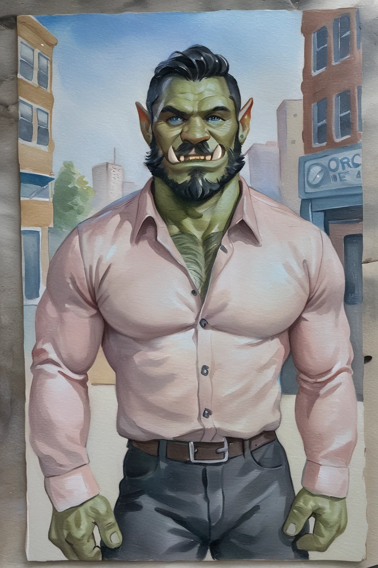 masterpiece, best quality, hi res, newest, traditional media, realistic, orc, green skin, tusks, facial hair, beard, mustache, black hair, blue eyes, pink shirt, collared shirt, long sleeves, black pants, muscular, 1boy, solo, male focus, smile, looking at viewer, cowboy shot, standing, outdoors, city, building <lora:Blue Water Style LoRA_SeaArt Furry XL 1.0:0.7>