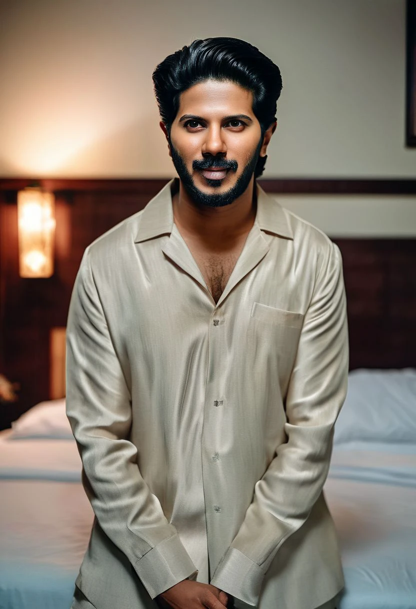 Full body photography, dark questionable hotel room, ((varun dhawan a man <lora:Dulquer-Salmaan_Varun-Dhawan:1>)), looking into camera, (natural skin, natural texture), soft cinematic light, adobe lightroom, photolab, intricate, highly detailed, sharp focus, insane details, intricate details, hyperdetailed, low contrast, soft cinematic light, exposure blend, dim colors, dim light,  Award - winning, with Kodak Portra 800, a Hasselblad 500 ,55mm f/ 1.9 lens, extreme depth of field, available light, high contrast, Ultra HD, HDR, DTM, 8K,