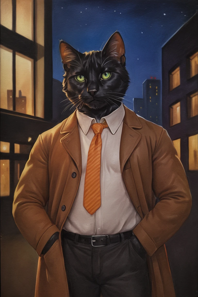 masterpiece, best quality, hi res, newest, traditional media, realistic, furry, black cat, cat, black fur, green eyes, white collared shirt, long sleeves, striped necktie, orange necktie, beige coat, black pants, muscular, 1boy, solo, male focus, mature male, looking at viewer, cowboy shot, standing, outdoors, city, building, night, night sky, dark background <lora:OIS Red Lion Style LoRA_SeaArt Furry XL 1.0:0.7>