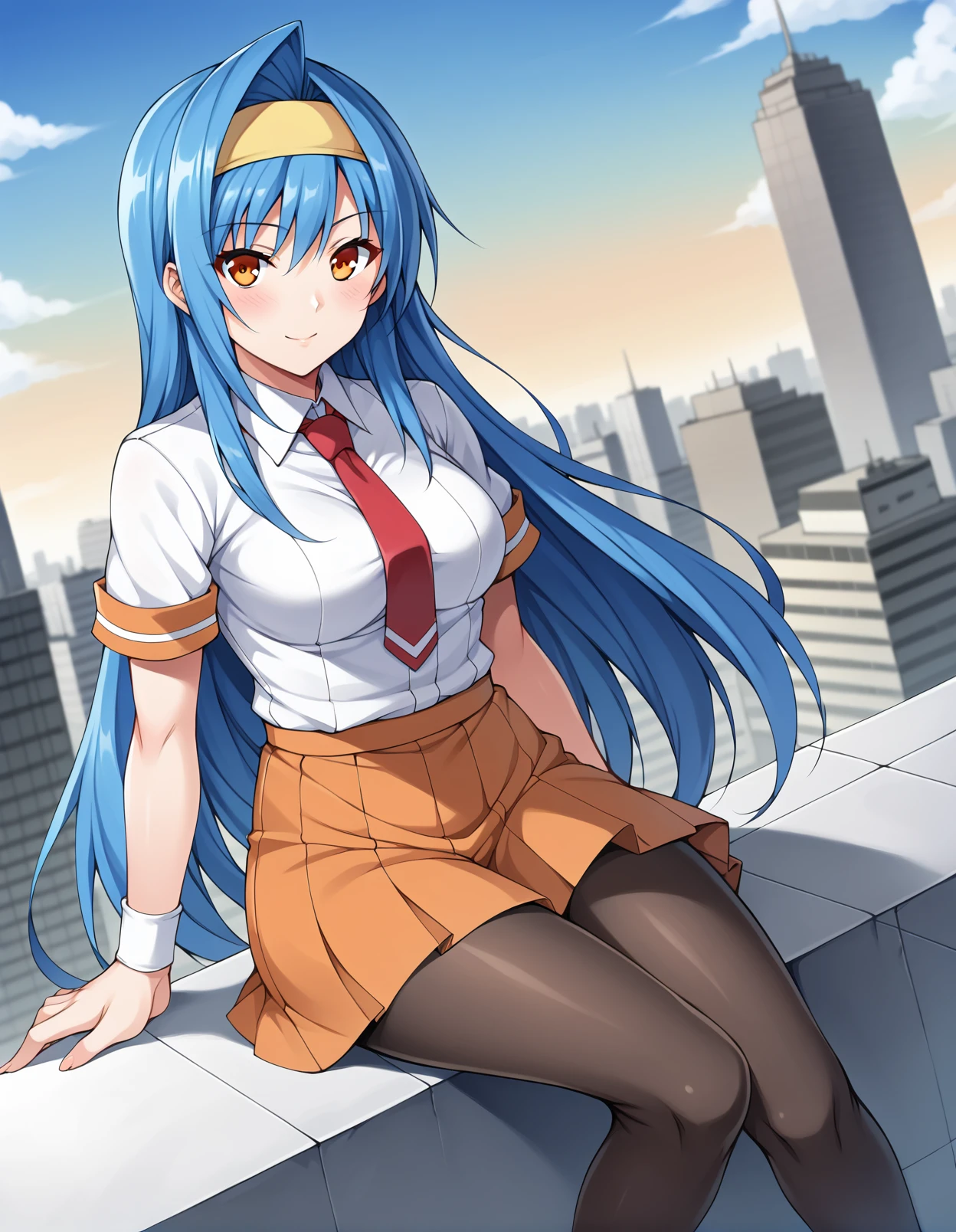 score_9, score_8_up, score_7_up, source_anime, rating_safe, BREAK <lora:sakiTsuzuraXL_LoRA-C3Lier_AdamW_Dim8_Alpha8_UN-3e-4_TE-1.5e-4_10batch_ponyDiffusionV6XL_v6StartWithThisOne:1>, saki tsuzura, 1girl, very long hair, blue hair, orange eyes, yellow hairband, red necktie, white shirt, short sleeves, white wristband, orange skirt, pleated skirt, black pantyhose, dutch angle, depth of field, looking at viewer, facing viewer, blush, eye focus, sitting, rooftop, cityscape, city, gradient sky, cloud, sunset