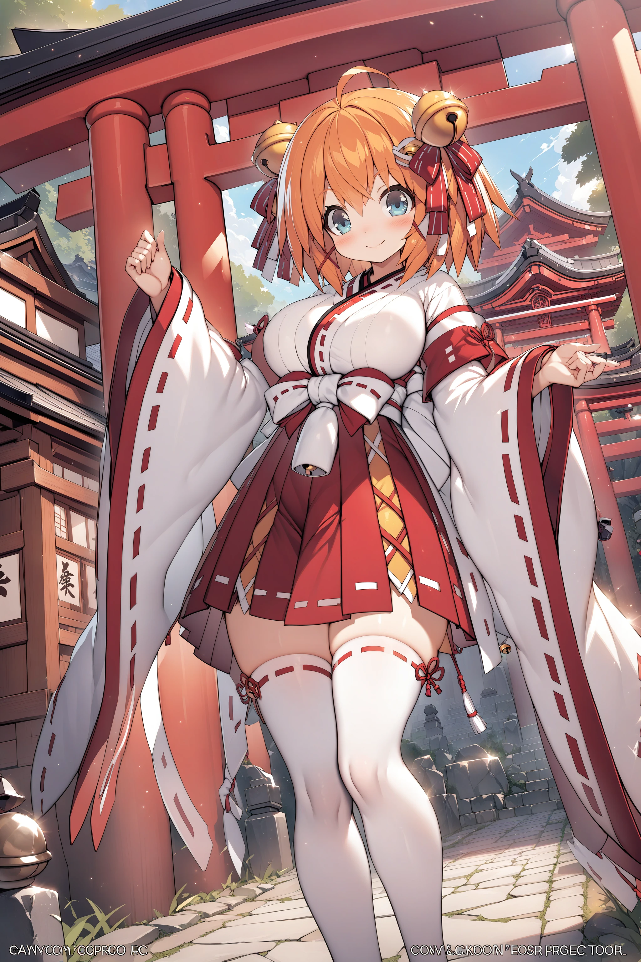 , masterpiece, absurdres, high detail, official art, 8k,
shrine, torii, shide, stone road,
standing hamaya, ornament, light smile,
young girl, tkle, orange hair, short hair, hair ornament, hair ribbon, japanese_clothes, miko, wide_sleeves, white_thighhighs, bell, ribbon_trim, jingle_bell, hair_bell, ribbon-trimmed_legwear, waraji
<lora:XL_Animagine_uchihime-twinkle-t1:0.9>