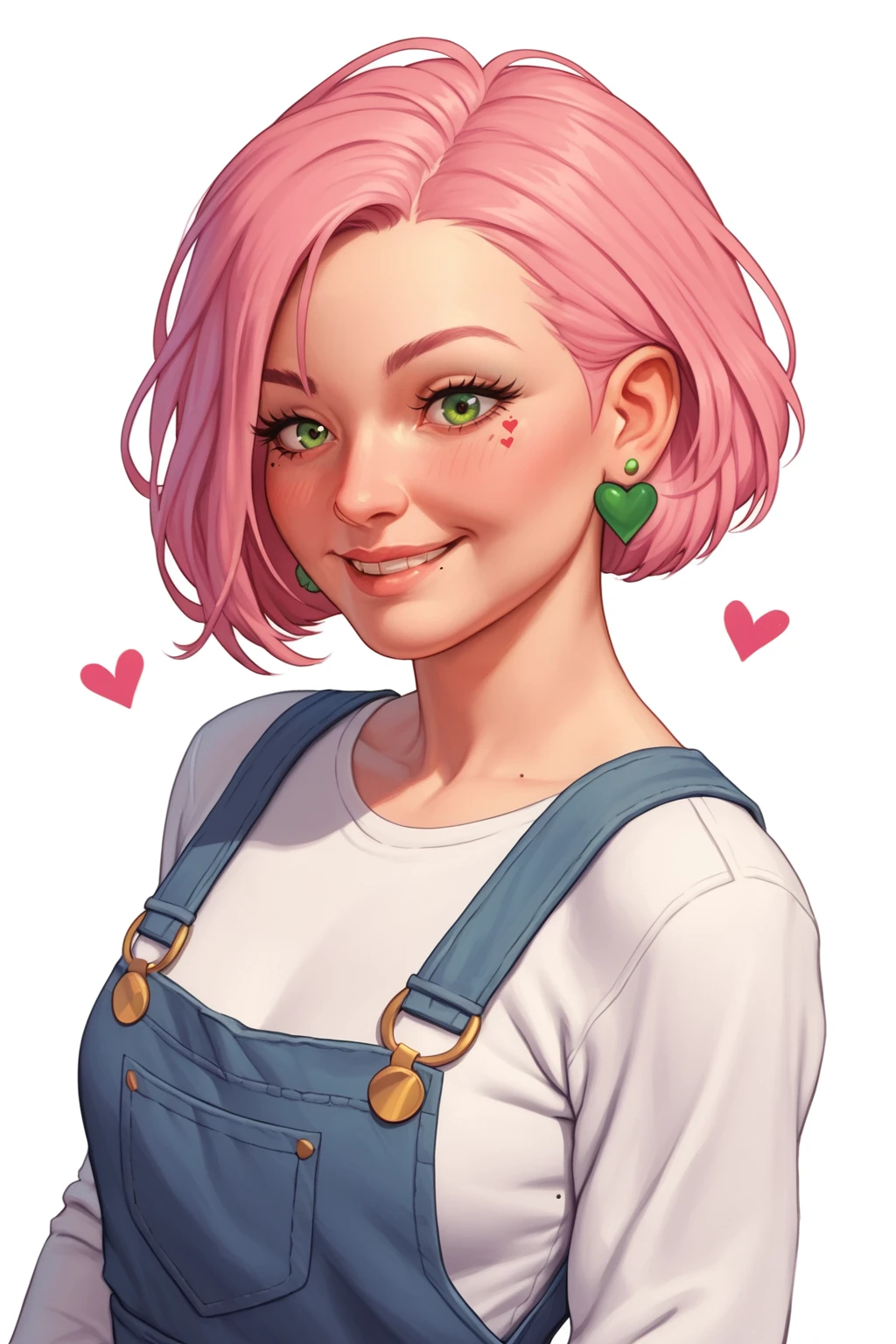 PonyXLV6_Scores , dsktrdcardxl , 1girl, blush, earrings, green eyes, green hair, heart, jewelry, long sleeves, looking at viewer, mole, mole under eye, overalls, pink hair, ring, shirt, short hair, simple background, smile, solo, upper body, white background, white shirt,  