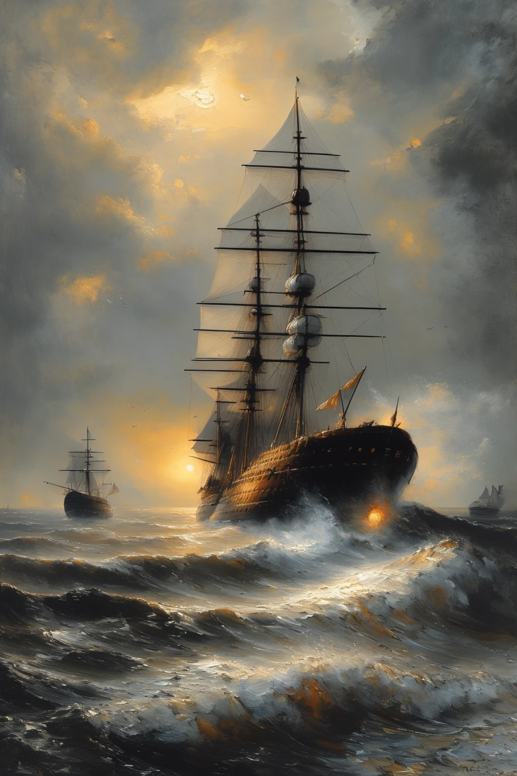 masterpiece,best quality,<lora:tbh102-:1>,oil painting,illustration,ship,ocean,style of Andreas Achenbach,