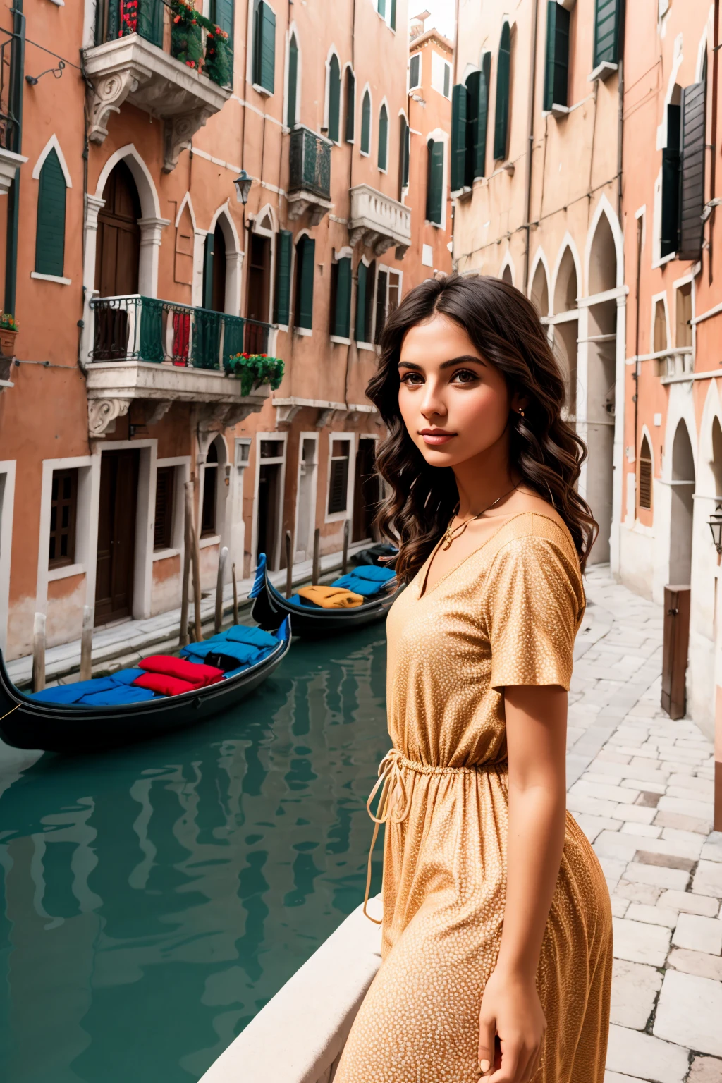 texture cinematic photo young woman in Camel chmdrss, full body view, Brunette medium hair, Balconies Overlooking Venetian Canals <lora:Charming dress v1.07:1> . 35mm photograph, film, bokeh, professional, 4k, highly detailed top down close-up