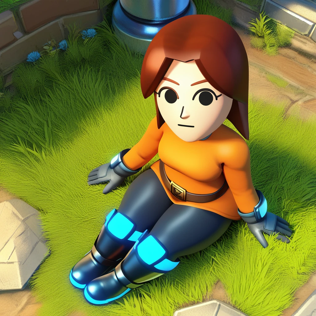 score_9, score_8_up, score_7_up, score_6_up, best quality, masterpiece, 3d, render, detailed background, grass, BREAK 1girl, mii_gunner_(\smash_bros_4\), large head, amber hair, female, black eyes, dot eyes, orange dress, long sleeves, belt, gloves, black pants, boots, thick thighs, sitting, looking at viewer, from above, bird's-eye view, <lora:PDXL_MiiGunner_S4:1>