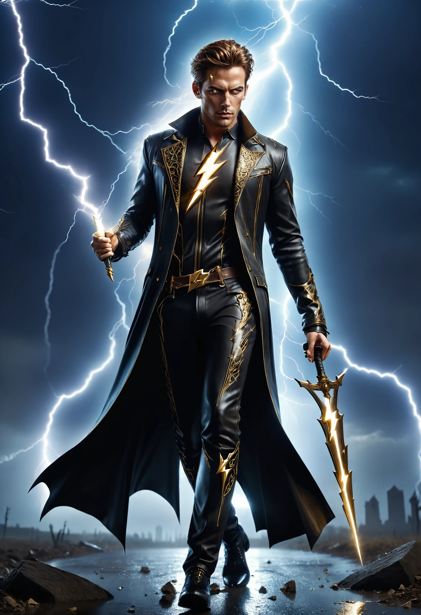 macabre style slight science fiction scene, he is wearing his Brutalist fashion style Gothic clothing, brown hair, holding lightning sword, dark, gothic, grim, haunting, highly detailed
<lora:dvr-bzz:0.8> dvr-bzz