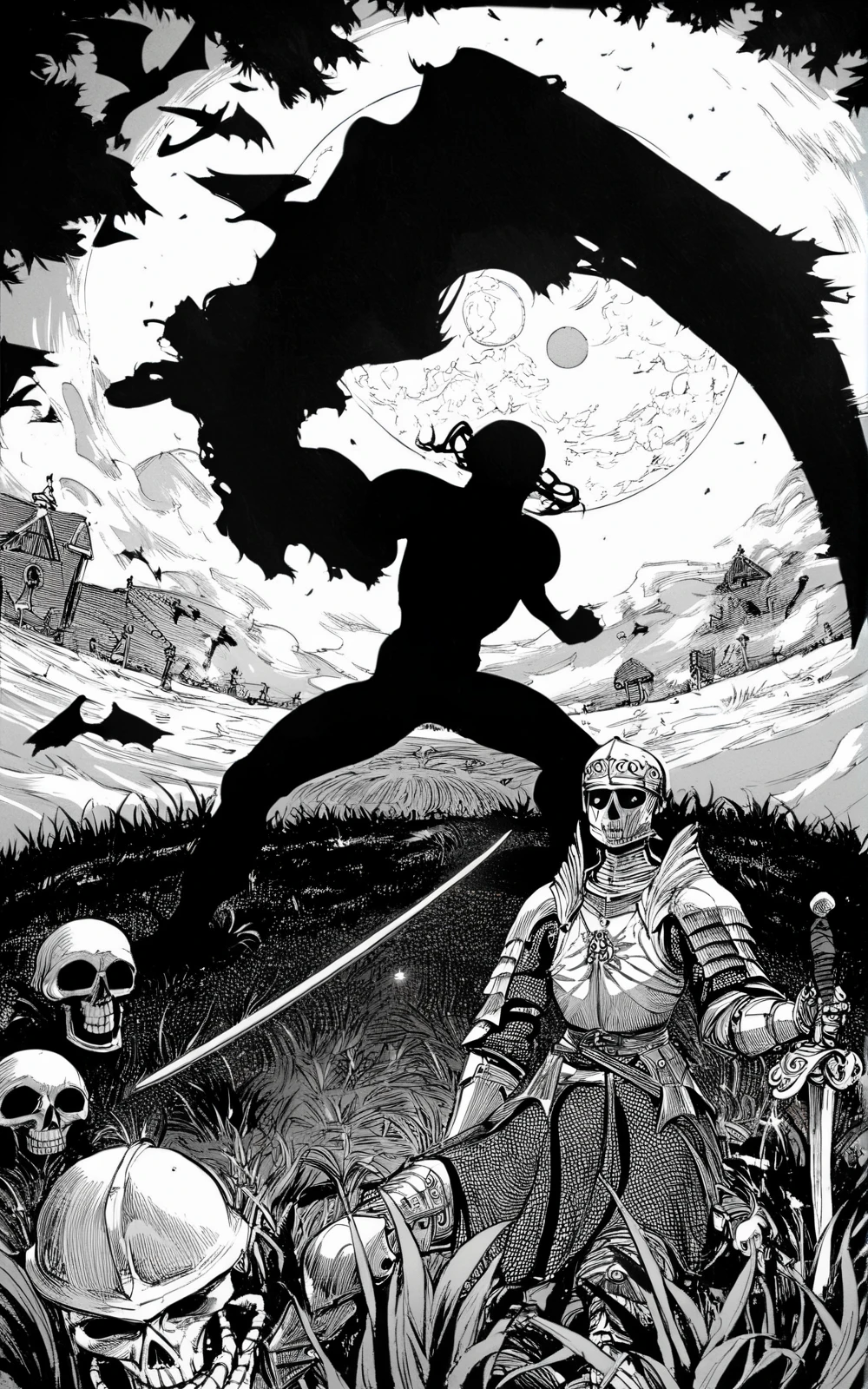 score_9, score_8_up, score_7_up,((best quality)), absurdres, <lora:BerserkStyle:0.8>,greyscale, monochrome, armor, helmet, medieval, grass field,moon ,night ,skeleton,monster,fighting, sword,silhouette