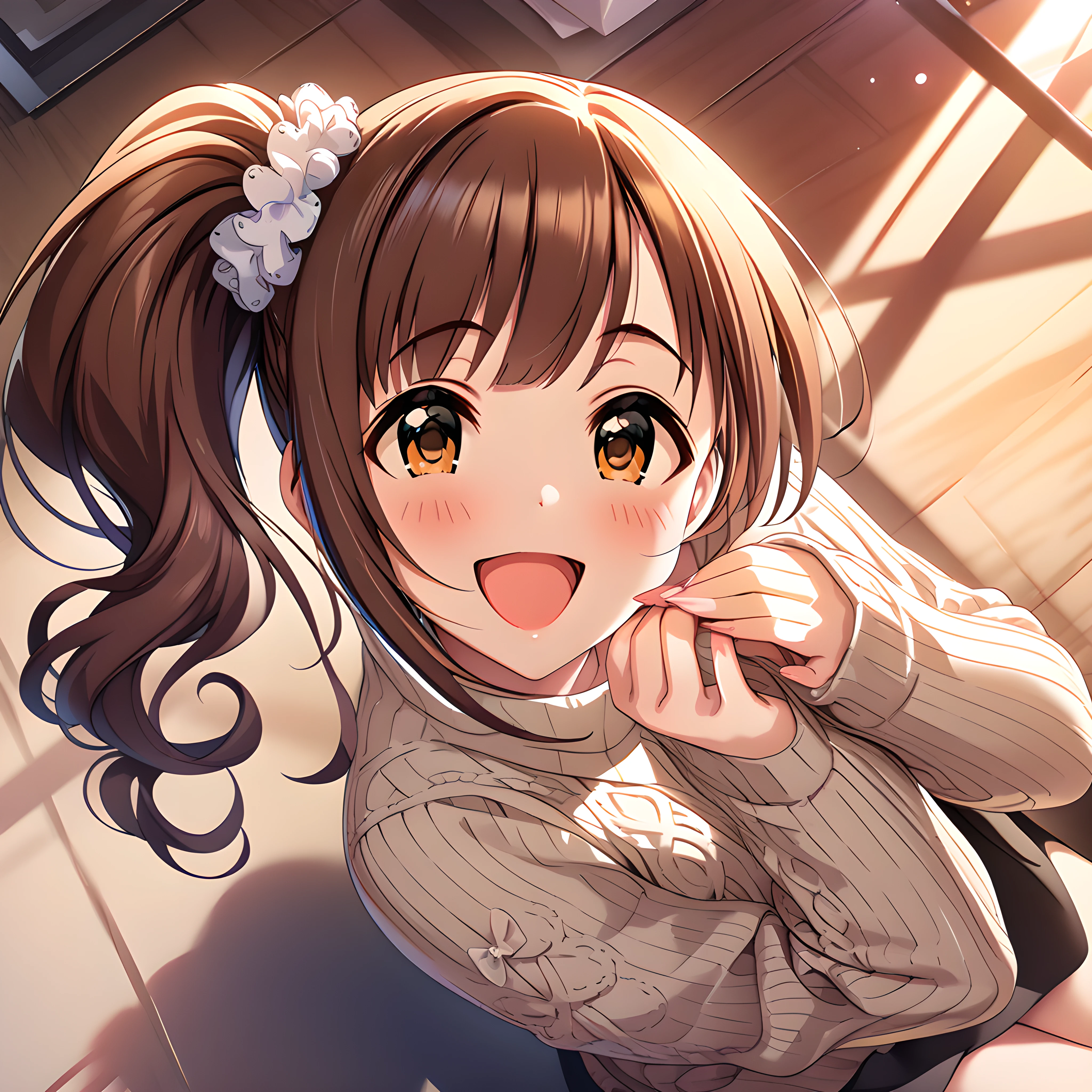 (masterpiece),(best quality),(ultra-detailed),(best illustration),(best shadow),(absurdres),(detailed background),(very aesthetic)kyoko igarashi, 1girl, brown hair, smile, open mouth, side ponytail, solo, blush, scrunchie, bangs, :d, sweater,  <lora:Kyoko_Igarashi__äºååµé¿å­_-_The_Idolmster_Cinderella_Girls__ã¢ã¤ãã«ãã¹ã¿ã¼ã·ã³ãã¬ã©ã¬ã¼ã«ãº_SDXL_Animagine_XL_3.1:1>