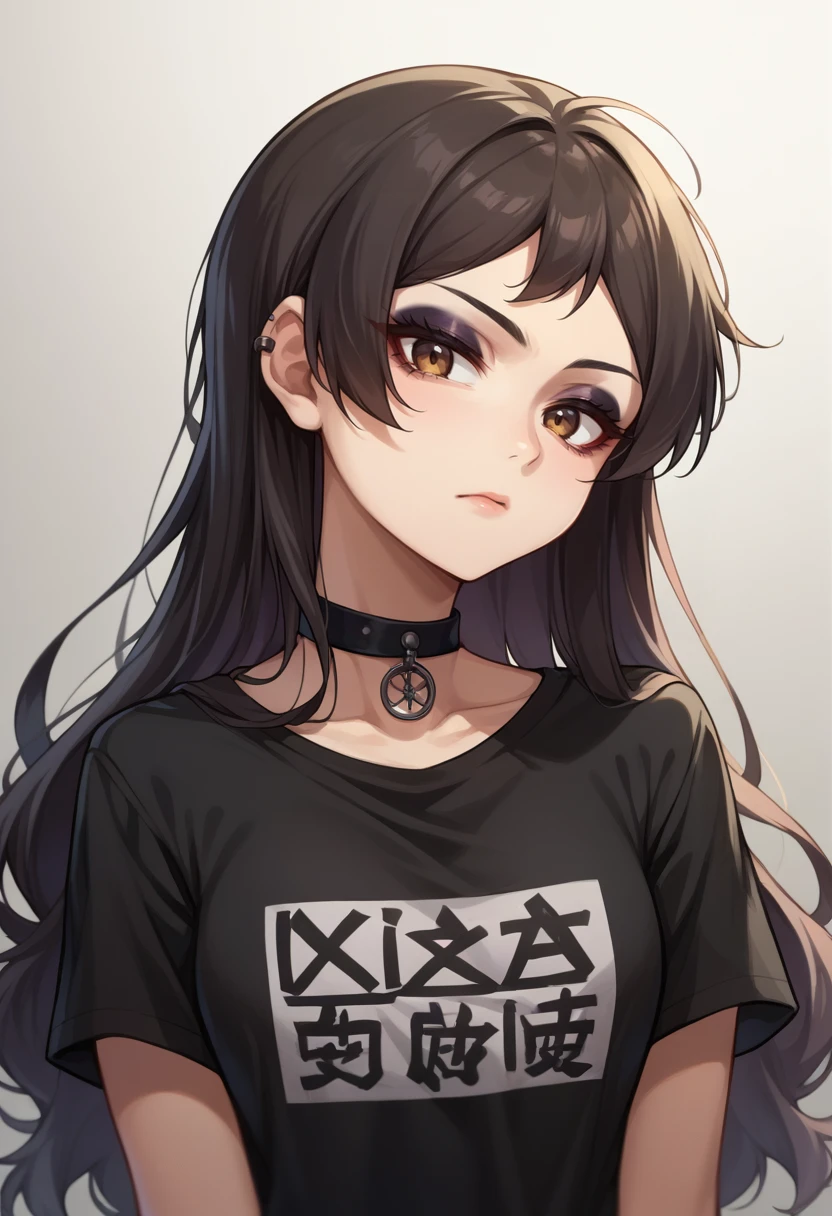 score_9, score_8_up, source_anime, 1girl, solo, KitazawaShiho, long hair, black shirt, t-shirt, black choker, goth, eyeliner, eyeshadow, <lora:ChamKitazawaShihoPonyXL-000007:1>