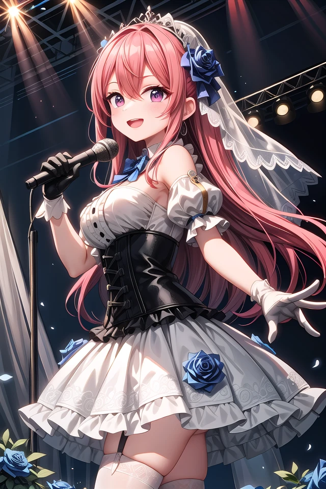 insanely detailed, absurdres, ultra-highres, ultra-detailed, best quality,
1girl, solo, nice hands, perfect hands
BREAK
(nsfw:-1.5),
(fusion of white mourning-dress and white wedding dress:1.2), (gothic dress:1.3), (light-blue and white theme:1.3), ((white mourning-veil, white see-through wedding-veil):1.5), ((white latex corset, light-blue breast-cup):1.4), (short puff-sleeve:1.3), ((white collar, tie-bow):1.3), ((ruffle-skirt, multilayer-skirt):1.4), ((stockings, garter belt):1.3), (see-through long gloves:1.3), (blue rose decoration on head:1.3), (high heels:1.1)
BREAK
happy smile, laugh, open mouth, (standing, singing, dancing, holding microphone:1.4)
BREAK
from side,
cute pose, cowboy shot
BREAK
slender, kawaii, perfect symmetrical face, ultra cute girl, ultra cute face, ultra detailed eyes, ultra detailed hair, ultra cute, ultra beautiful
BREAK
indoors, concert hall, idol live, crowded audience
BREAK
medium large breasts
BREAK
pink hair, pink eyes, chignon, hair between eyes
