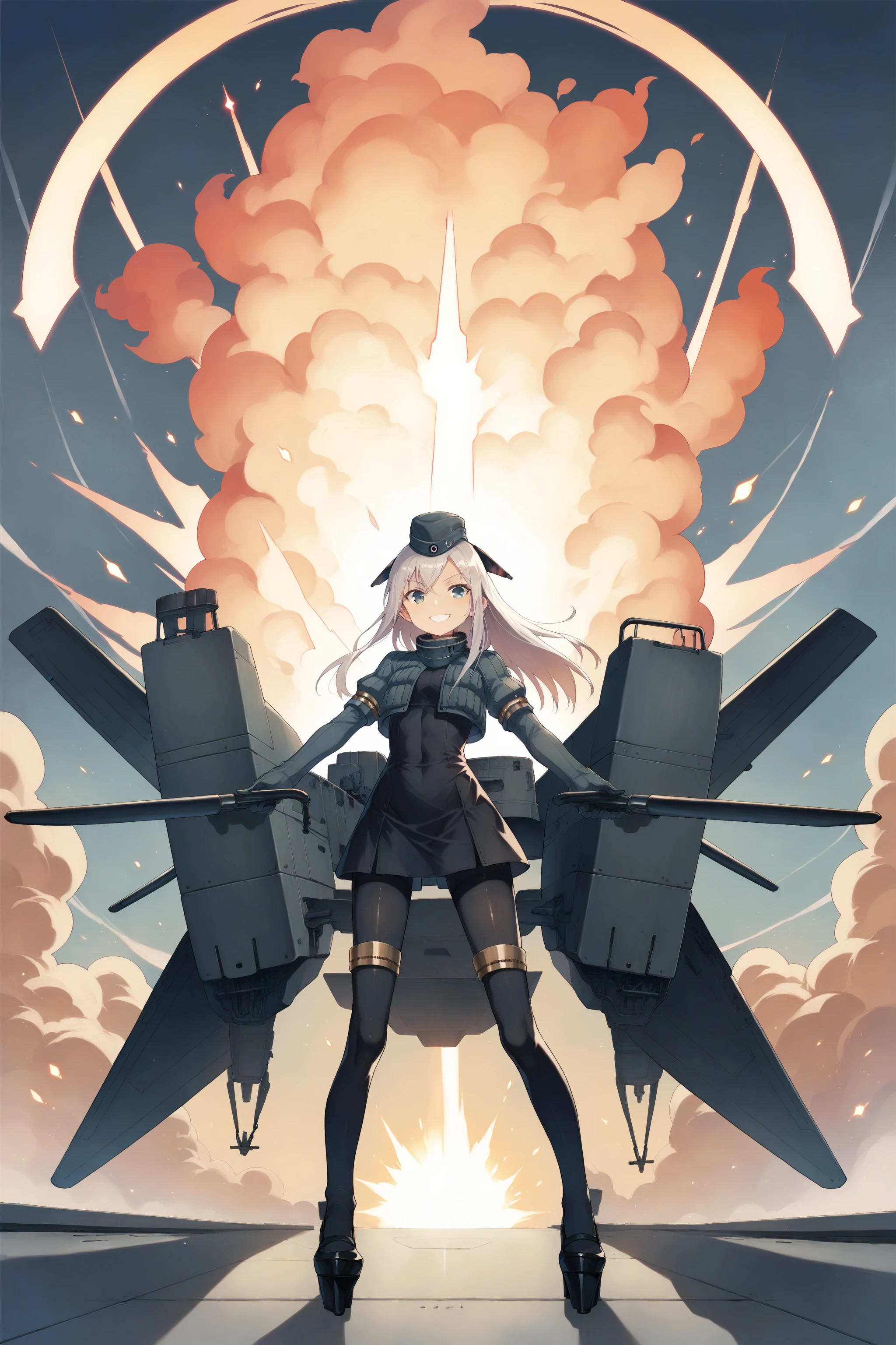 score_max, (score_9, score_8_up, score_7_up:1.2), score_6_up, official art, anime,
masterpiece, absurdres, high detail, uhd, aircraft_carrier, deck, explosion, fire sparkle,
standing, evil smile,
solo, u-511 \(pump\), military uniform, garrison cap, cropped jacket, puffy sleeves, long sleeves, gloves, black dress, black pantyhose, heels, rigging,
<lora:XL_Pony_kancolle-u511(pump)-t2-000027:0.9>