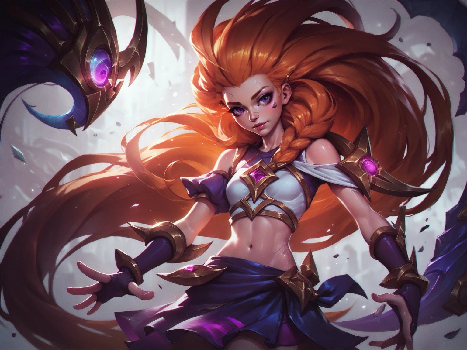 league of legends style, zoe \(league of legends\), purple eyes , long hair, broken clothes,  orange hair, crop top , midriff ,  toeless legwear , very long hair , shirt , upper body, small breasts,  sarong, hair to the side, tied hair,, <lora:LeagueOfLegendsV4:0.8>, score_8_up, score_7_up