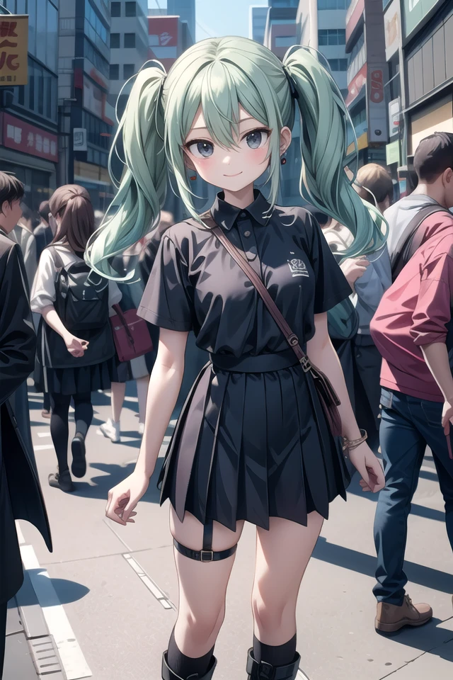 insanely detailed, absurdres, ultra-highres, ultra-detailed, best quality,
1girl, solo, nice hands, perfect hands
BREAK
skirt, solo, twintails, v, socks, shirt, black skirt, thigh strap, long hair, black shirt, standing, looking at viewer, black socks, boots, bangs, jewelry, pleated skirt, piercing, ear piercing, cross, black eyes, short sleeves, earrings
BREAK
(nsfw:-1.5)
BREAK
seductive smile, closed mouth
BREAK
,
standing, cowboy shot, looking at viewer
BREAK
slender, kawaii, perfect symmetrical face, ultra cute girl, ultra cute face, ultra detailed eyes, ultra detailed hair, ultra cute, ultra beautiful
BREAK
shibuya, akihabara, tokyo, street, crowd, cityscape, depth of field, ultra detailed background
BREAK
large breasts
BREAK
green hair, black eyes, messy hair, hair between eyes