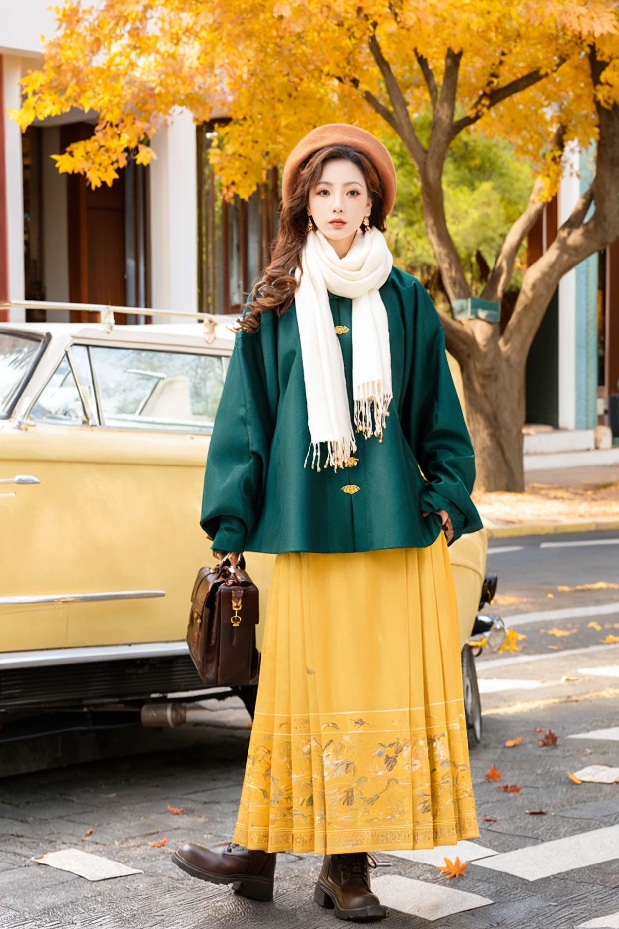 , bag, solo, outdoors, scarf, skirt, long hair, hat, white scarf, beret, road,holding, car, brown hair, red headwear, street, full body, motor vehicle, blurry background, ground vehicle, blurry, black footwear, holding bag, looking at viewer, standing, boots, brown eyes, day, jewelry, shoes, earrings, long sleeves, autumn leaves, tree, walking, pavement, parted lips,1girl,hanfu, ming style outfits, blackish green short coat, overlapping collar, yellow mamian skirt,