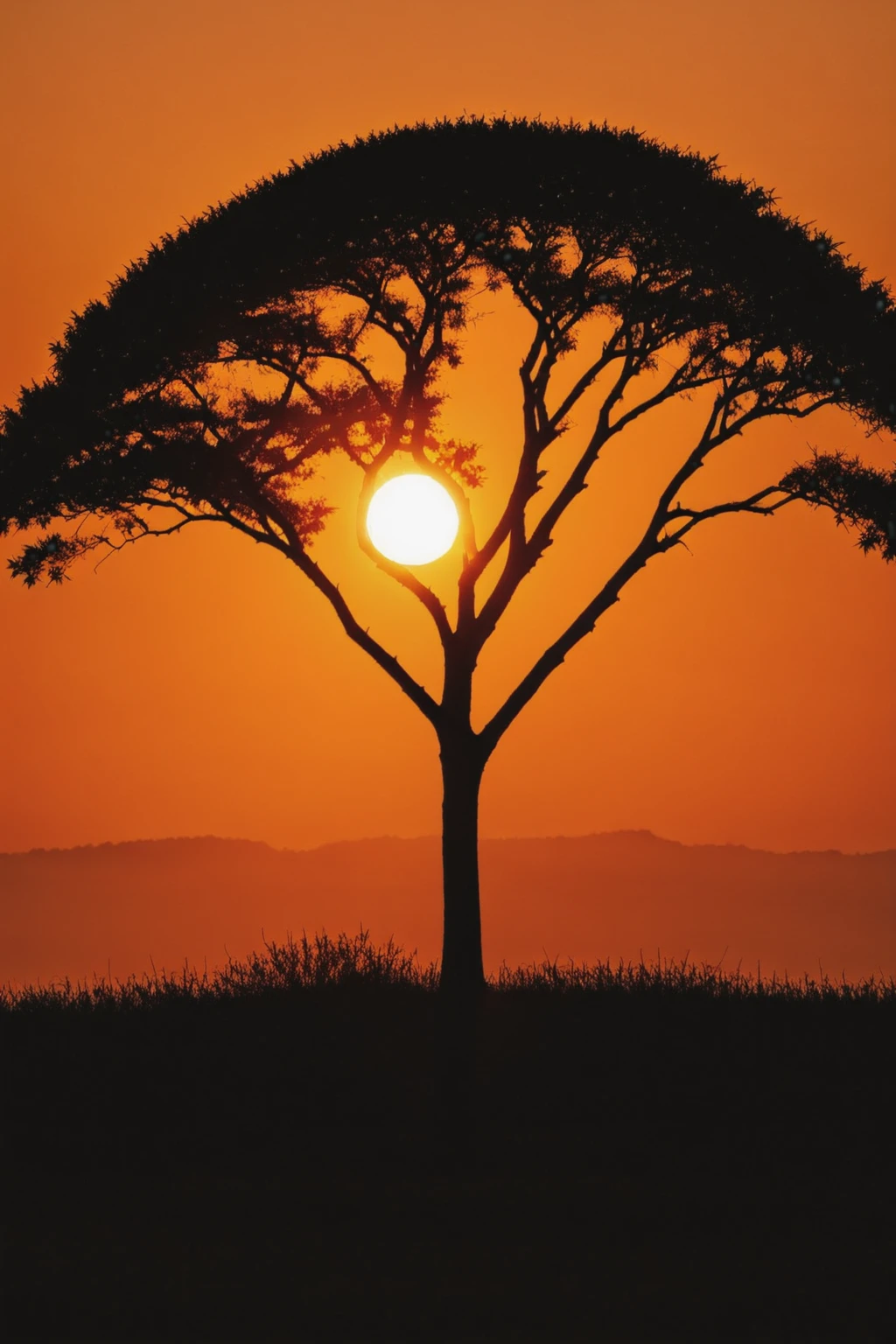 Sunset, orange, (sun:1.2), 
Tree,