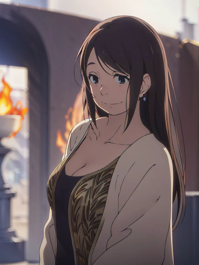 aunt_sasaoka,1girl,solo,cleavage, mature woman, chubby, (tweed dress:1.2), big tits,looking at viewer,black eyes, smile, blush,A girl wearing a long dress danced and performed a prayer ritual in front of a giant stone gate,a giant fire phoenix lurked in the sky,(Phoenix of Sora:1.2) ,<lora:PhoenixSora:0.7>, very long hair,sword,wide_shot,<lora:add_detail:0.6>,a rocky cliff, mythology,fantasy,drama,dreams,detail
<lora:Aunt sasaoka:1>