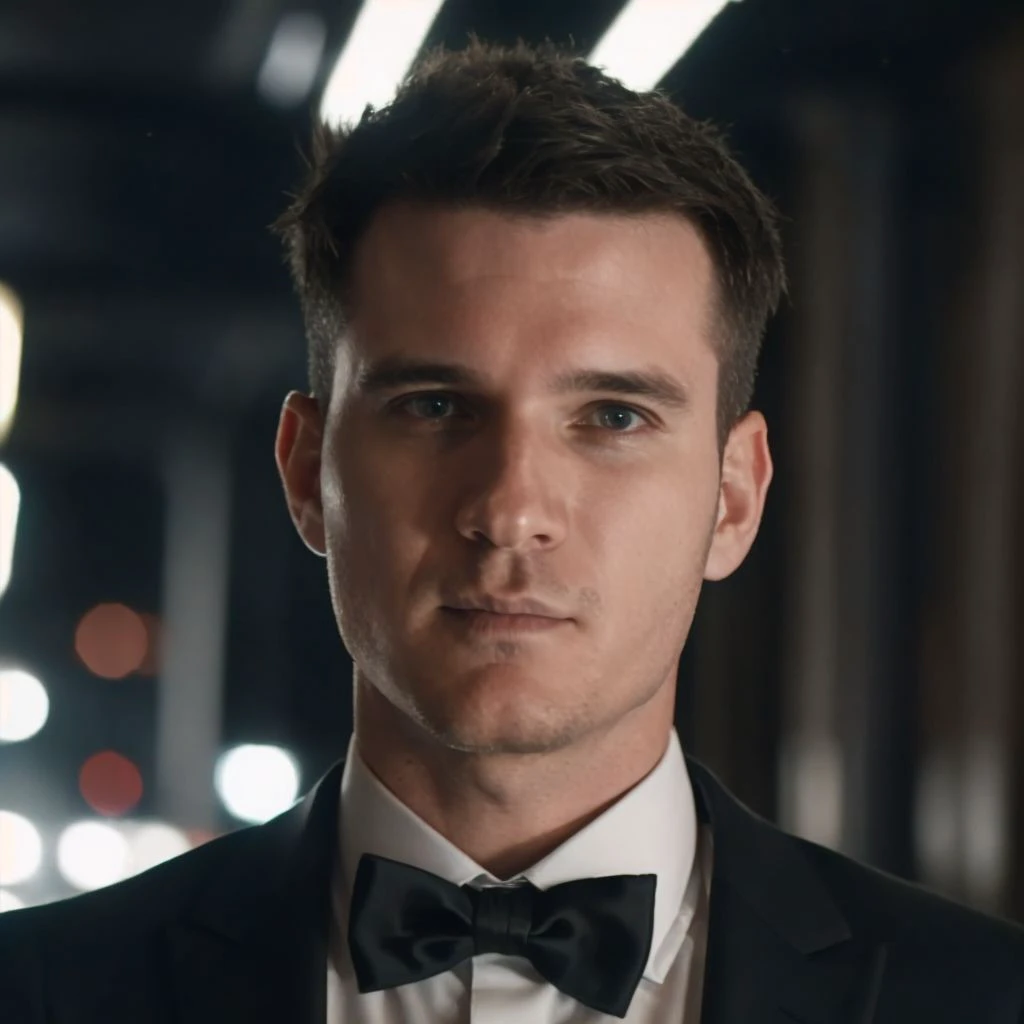 DLSR photo of davidmarchante person using a tuxedo, face portrait, in blade runner, daylight, professional photography, high resolution, detailed photo, RAW, still film, f/16, uhd, hdr, 4k <lora:davidmarchante_77850:1>