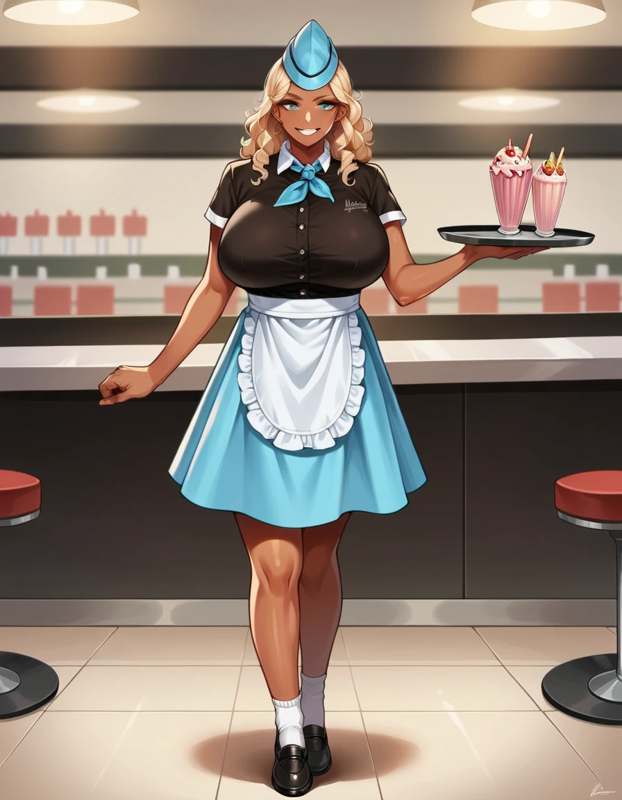 score_9, score_8_up, score_7_up, score_6_up, score_5_up, score_4_up, source_anime, best quality, (solo:1.3),diner, 1boy, dark skin, 1girl, long curly blonde hair, huge breasts, hud_wttress, collared shirt, blue skirt, neckerchief, garrison cap, apron, socks, shoes, <lora:hud_wtrss_XLP:0.7>, tray, smile, milkshake, full body