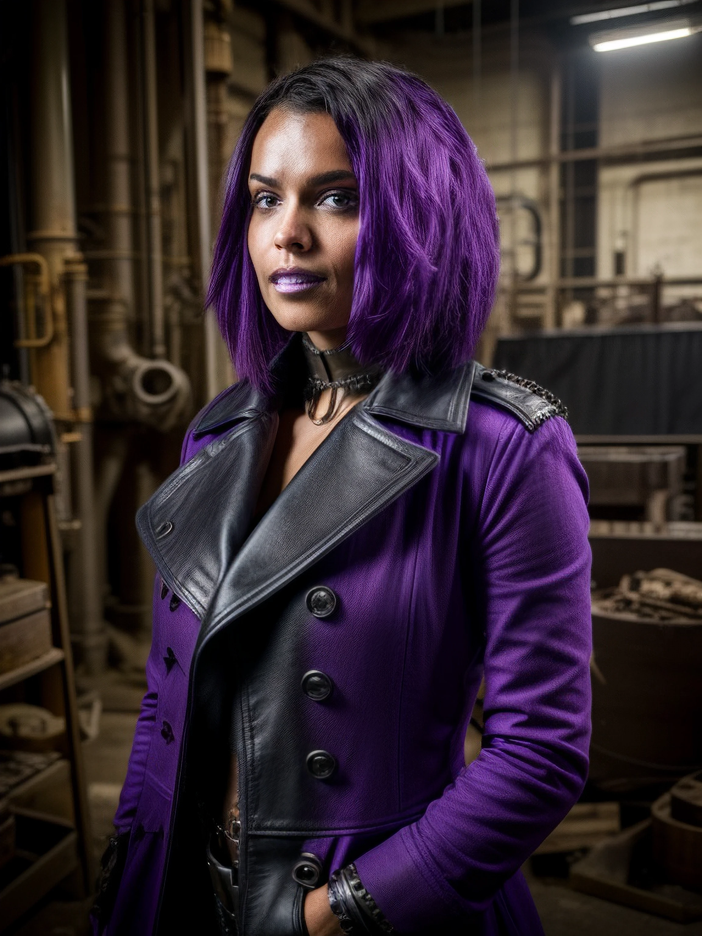 galicecampbell, masterpiece photograph, smile:1, dramatic makeup, (steampunk post-apocalyptic background: factory, gears, goth makeup, grit, metal, steam), military overcoat, uniform, happy, face features, black hair, portrait, face focus, 8k, masterpiece, skin details, ((((purple)))), patches