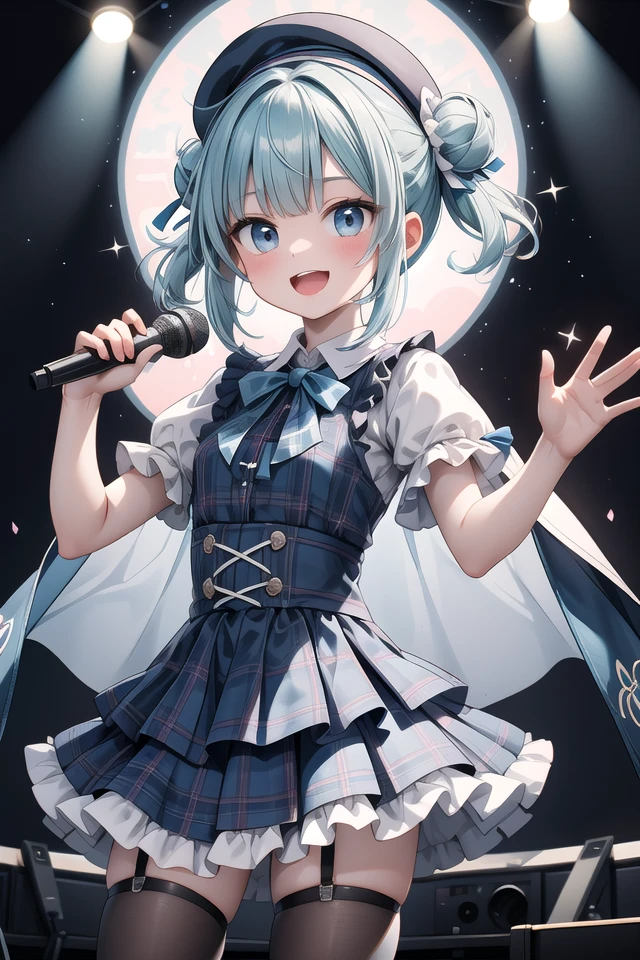 insanely detailed, absurdres, ultra-highres, ultra-detailed, best quality,
1girl, solo, nice hands, perfect hands
BREAK
(nsfw:-1.5),
(gothic drress, Idol costume:1.3), (blue and white theme:1.2), (white blouse:1.4), (white collar, tie:1.3), (open short-cape:1.3), (short sleeve:1.2), (blue tartan-check pattern (ruffle-skirt, multilayer-skirt):1.4), (white basque-beret with ribbon:1.3), (Fishnet stockings:1.3), (glove:1.2), (cleavage:-1.5)
BREAK
happy smile, laugh, open mouth, (standing, singing, dancing, holding microphone:1.4)
BREAK
from above,
seductive pose, cowboy shot
BREAK
slender, kawaii, perfect symmetrical face, ultra cute girl, ultra cute face, ultra detailed eyes, ultra detailed hair, ultra cute, ultra beautiful
BREAK
indoors, concert hall, idol live, crowded audience
BREAK
medium breasts
BREAK
green hair, black eyes, ballerina bun,