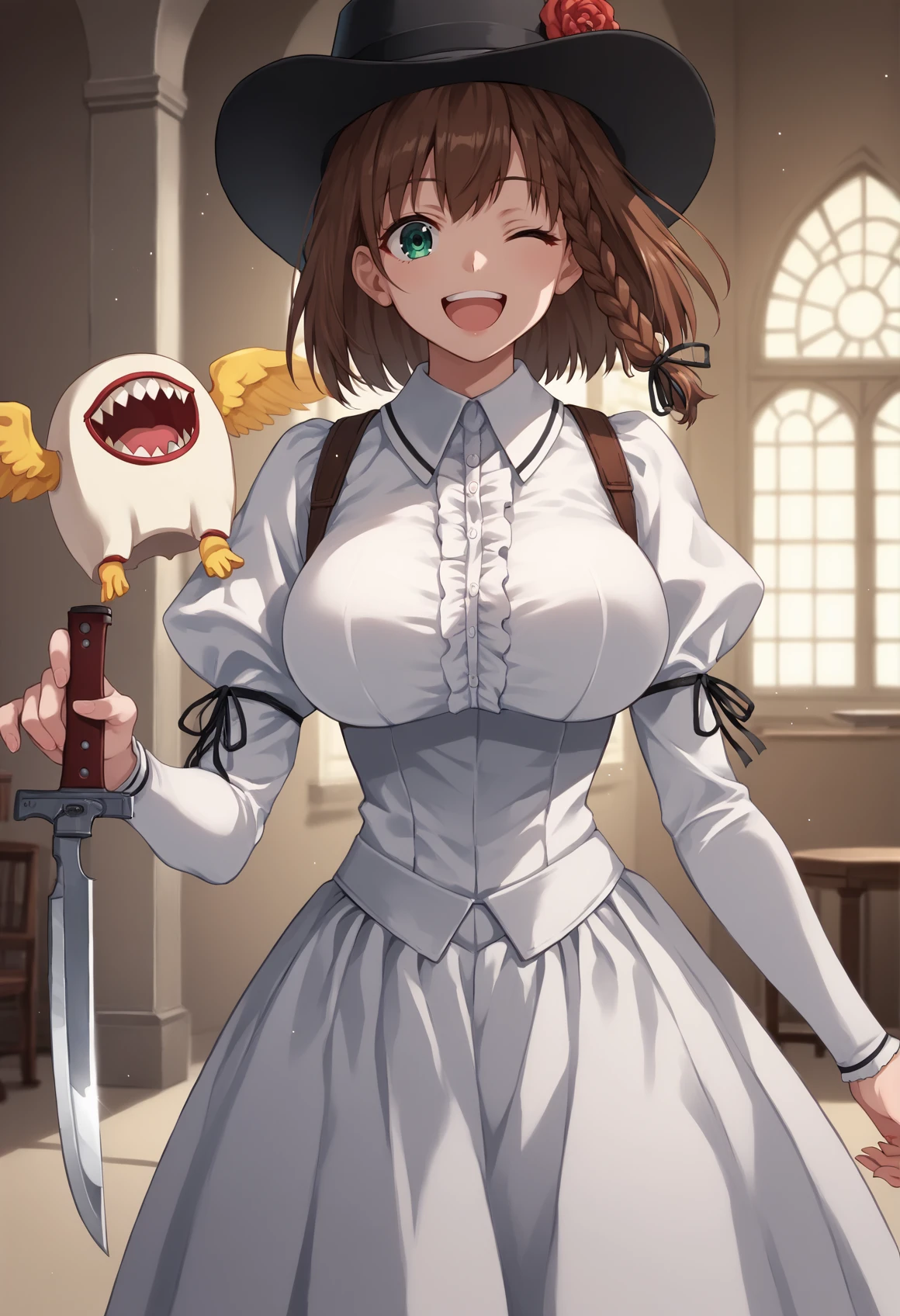 1girl, short hair, brown hair, braid, green eyes, hat, white shirt, long sleeves, ribbon, red flower, black flower, white skirt, big breasts, holding knife, wink, smile, open mouth, holding knife, cowboy shot, indoors, mansion, creature <lora:charlotte_corday:1>, score_9, score_8_up, score_7_up, score_6_up, score_5_up, score_4_up, BREAK source_anime, masterpiece