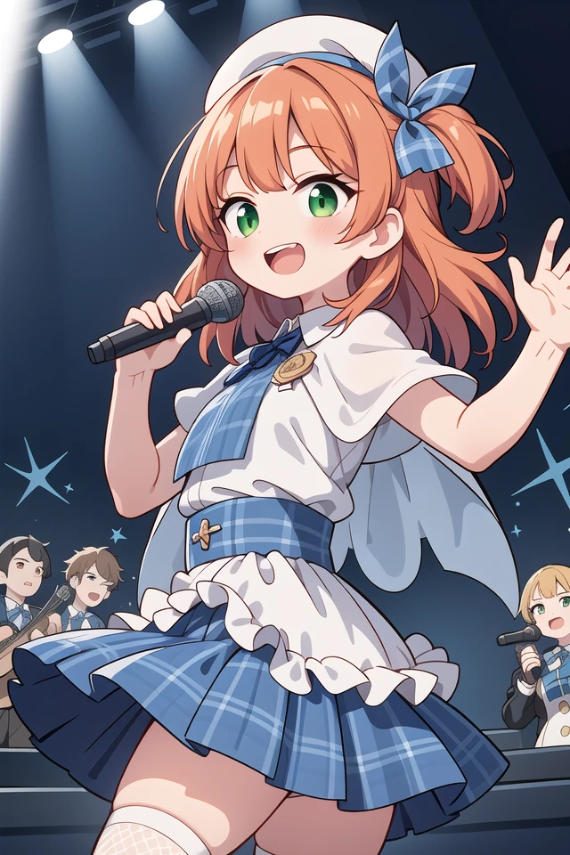 insanely detailed, absurdres, ultra-highres, ultra-detailed, best quality,
1girl, solo, nice hands, perfect hands
BREAK
(gothic drress, Idol costume:1.3), (blue and white theme:1.2), (white blouse:1.4), (white collar, tie:1.3), (open short-cape:1.3), (short sleeve:1.2), (blue tartan-check pattern (ruffle-skirt, multilayer-skirt):1.4), (white basque-beret with ribbon:1.3), (Fishnet stockings:1.3), (glove:1.2), (cleavage:-1.5)
BREAK
happy smile, laugh, open mouth, (standing, singing, dancing, holding microphone:1.4),
45 angle,
cute pose, cowboy shot
BREAK
slender, kawaii, perfect symmetrical face, ultra cute girl, ultra cute face, ultra detailed eyes, ultra detailed hair, ultra cute, ultra beautiful
BREAK
indoors, concert hall, idol live, crowded audience
BREAK
medium large breasts,
(orange medium hair, green eyes), hime cut