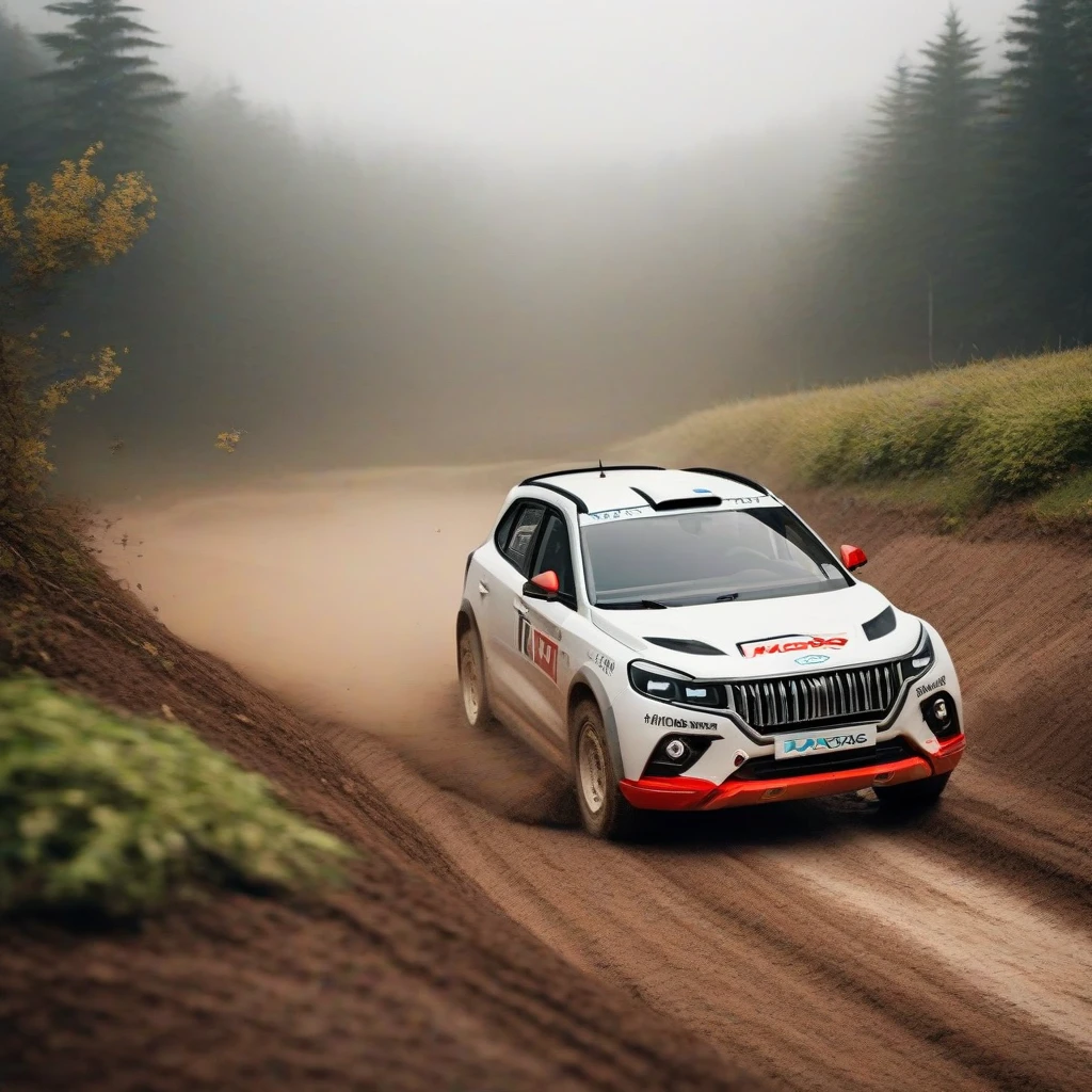 a photo of rally car, car, t10x, suv, drifting on mudy racing track tilt-shift photo, misty weather, silver rims, wind spoiler, hyper realistic, photo realistic, ultra detail, Collin McRae Rally, 3d, cinematic lighting, 4k, by Hakosan Design
