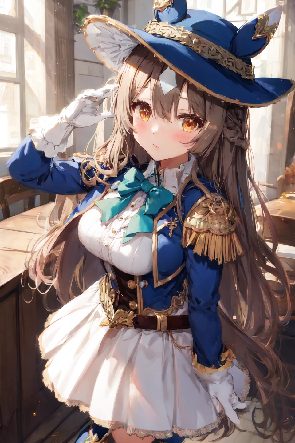 rk_satono diamond \(umamusume\), 1girl,horse ears, blue boots,horse tail, full body, white gloves, ear ornament, long sleeves, belt, hat feather, blue hat, ear cover, blue jacket, white dress, frilled skirt, bowtie, gem, chevalier Bleu, official alternate costume, cavalier hat, mini skirt, layered skirt, white skirt, short dress, miniskirt
 <lora:satono_diamond_V1.1:0.8> <lora:GoodHands-vanilla:1>