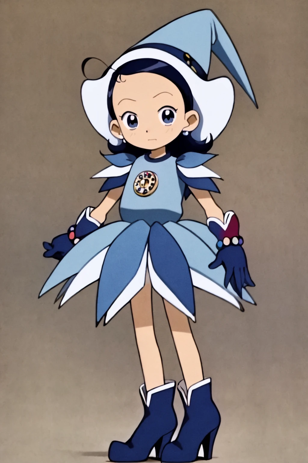 masterpiece, best quality,
1girl, , aikosenoo, blue hair, medium hair, blue eyes,
magical girl, blue dress,  gloves, witch hat, bracelet, high heels boots, skirt,
full body, standing, solo, looking at viewer, simple background, solid grey background   <lora:AikoSenoo:1>