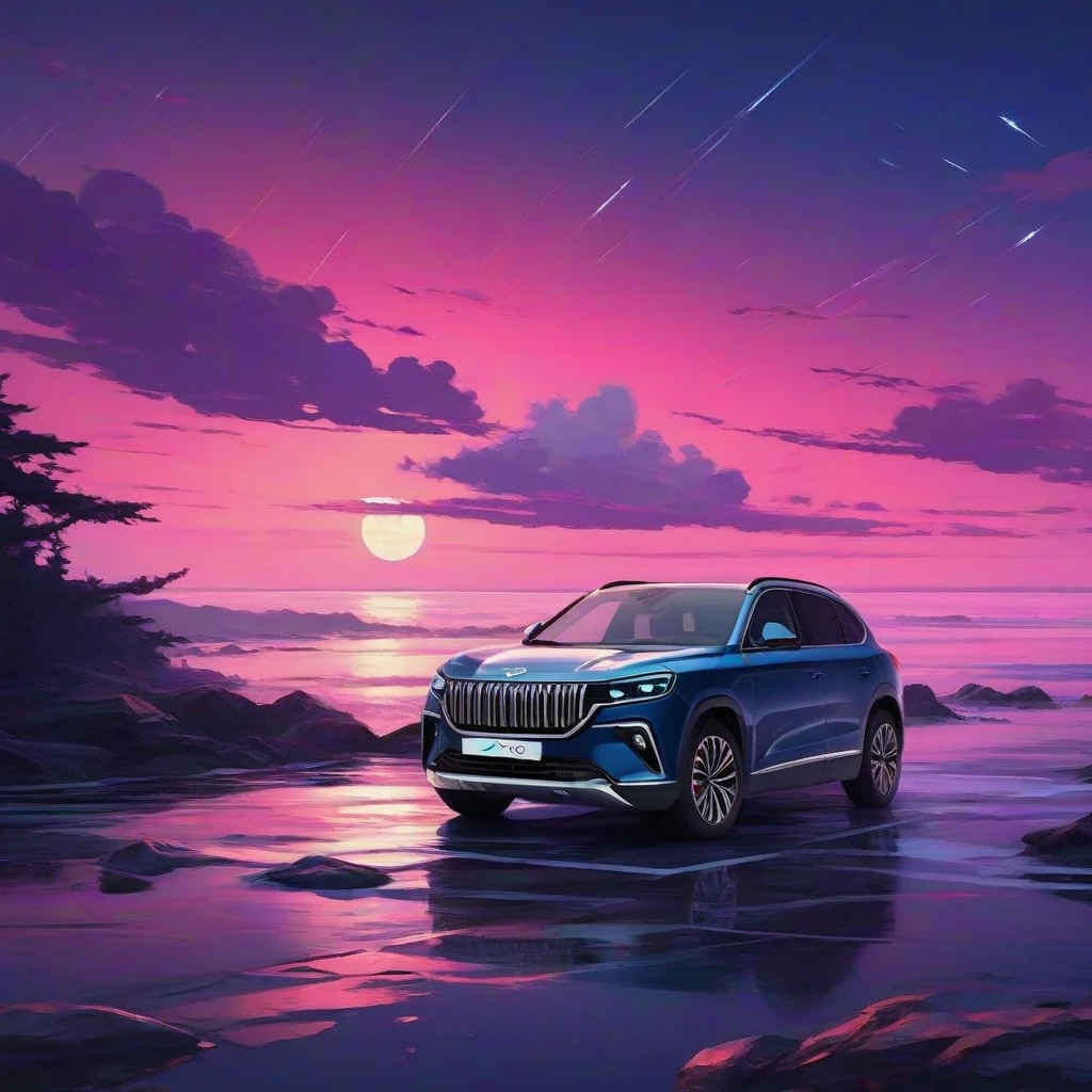 a beautiful painting photo of a car, togg, t10x, suv, glass roof, art of alena aenami, featured on artstation, vertical orientation, paint brush strokes, expressionism, brushstroke - laden, breathtaking clouds, birds, ocean, beautiful stars, long exposure, big moon radius, airy midnight theme, blue purple gradient, lens flare 