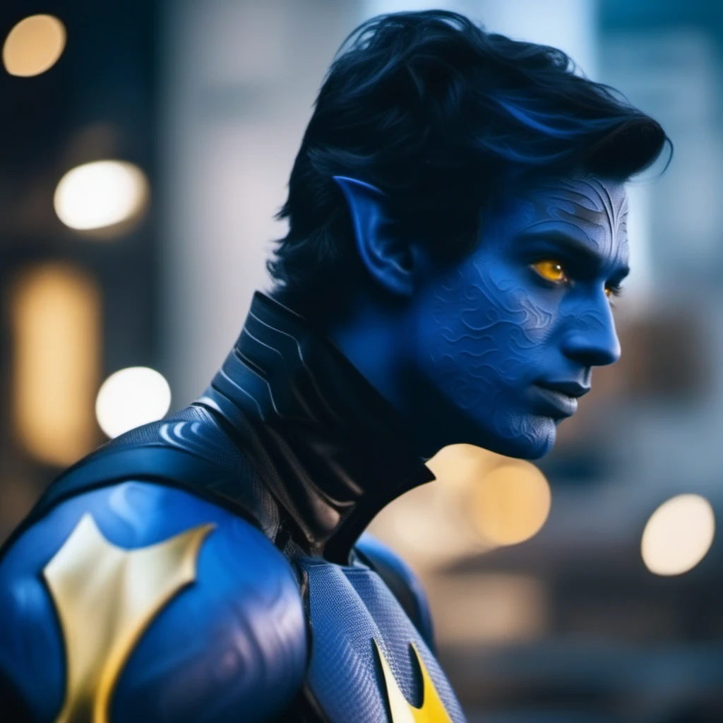 cinematic photo cinematic photo a man with blue body paint, yellow eyes, blue snake tail, black superhero suit <lora:NightCrawler1024:0.8> . 35mm photograph, film, bokeh, professional, 4k, highly detailed . 35mm photograph, film, bokeh, professional, 4k, highly detailed