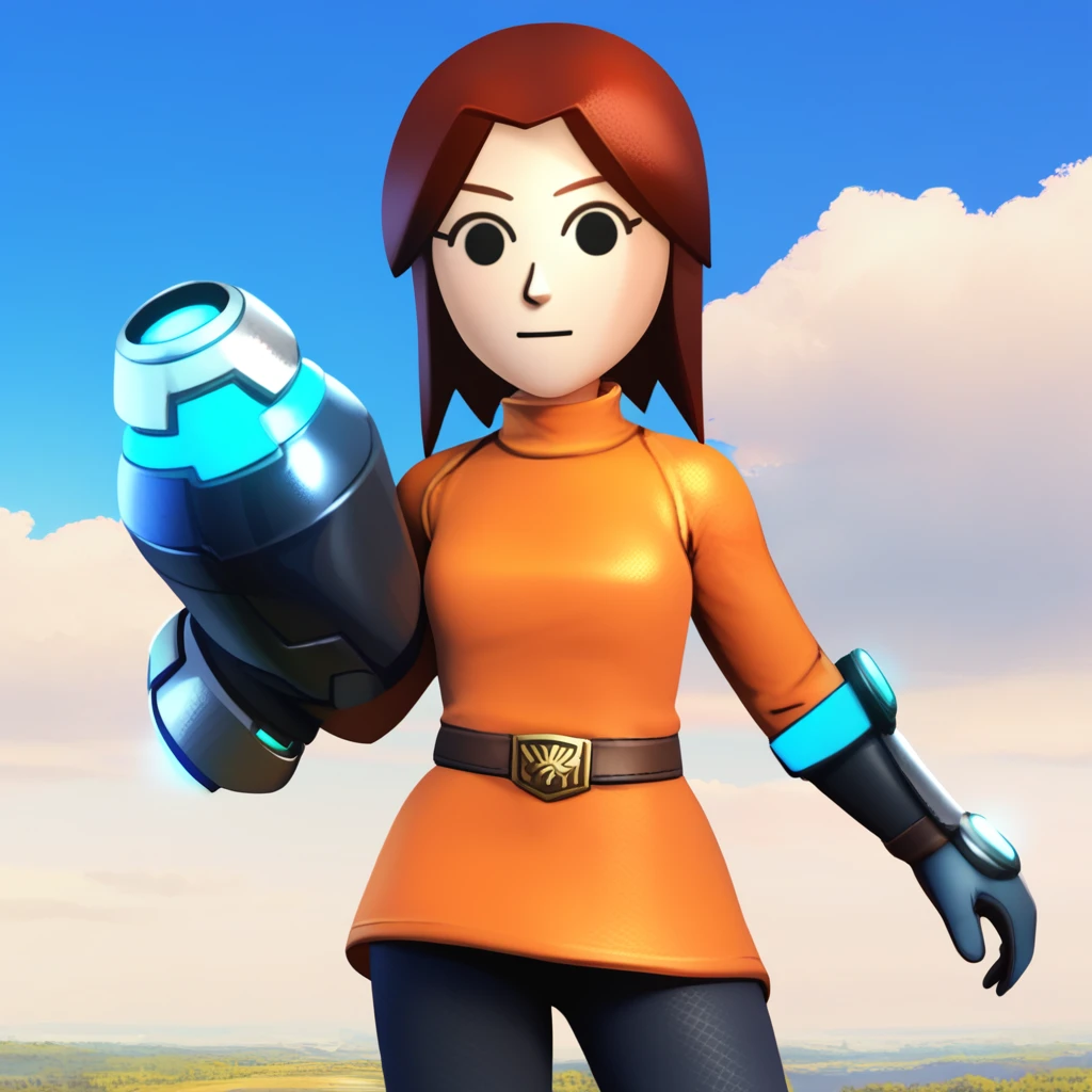 score_9, score_8_up, score_7_up, score_6_up, best quality, masterpiece, 3d, render, detailed background, blue background, clouds, BREAK 1girl, mii_gunner_(\smash_bros_4\), large head, amber hair, female, black eyes, dot eyes, orange dress, long sleeves, belt, gloves, black pants, arm cannon, cowboy shot, looking at viewer, <lora:PDXL_MiiGunner_S4:1>