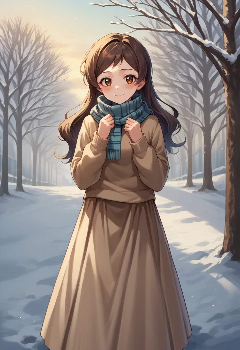 score_9, score_8_up, source_anime, 1girl, solo, KitazawaShiho, long hair, turtleneck sweater, long skirt, outdoors, scarf, winter, smile, blush, <lora:ChamKitazawaShihoPonyXL-000007:1>