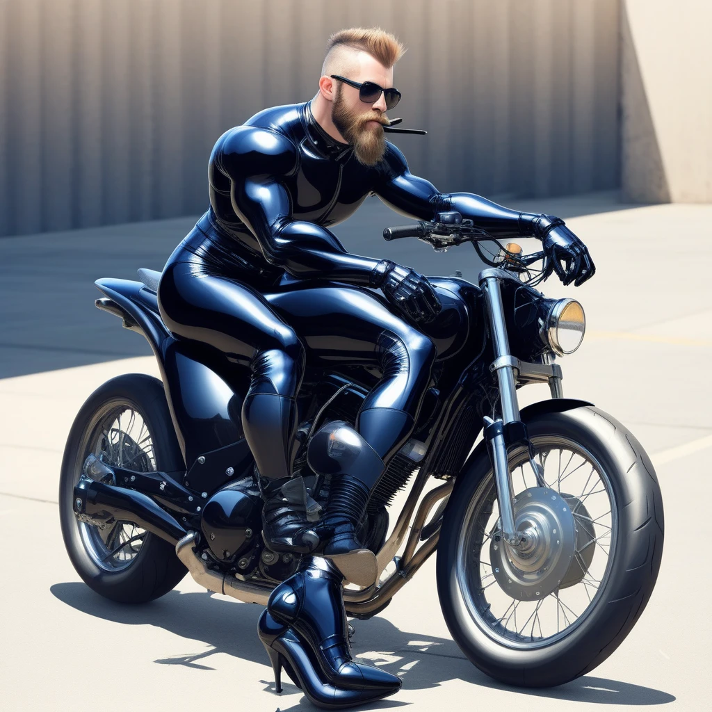 from side, beard, short hair, sitting, bara, motorcycle, black bodysuit, skin tight, sunglasses