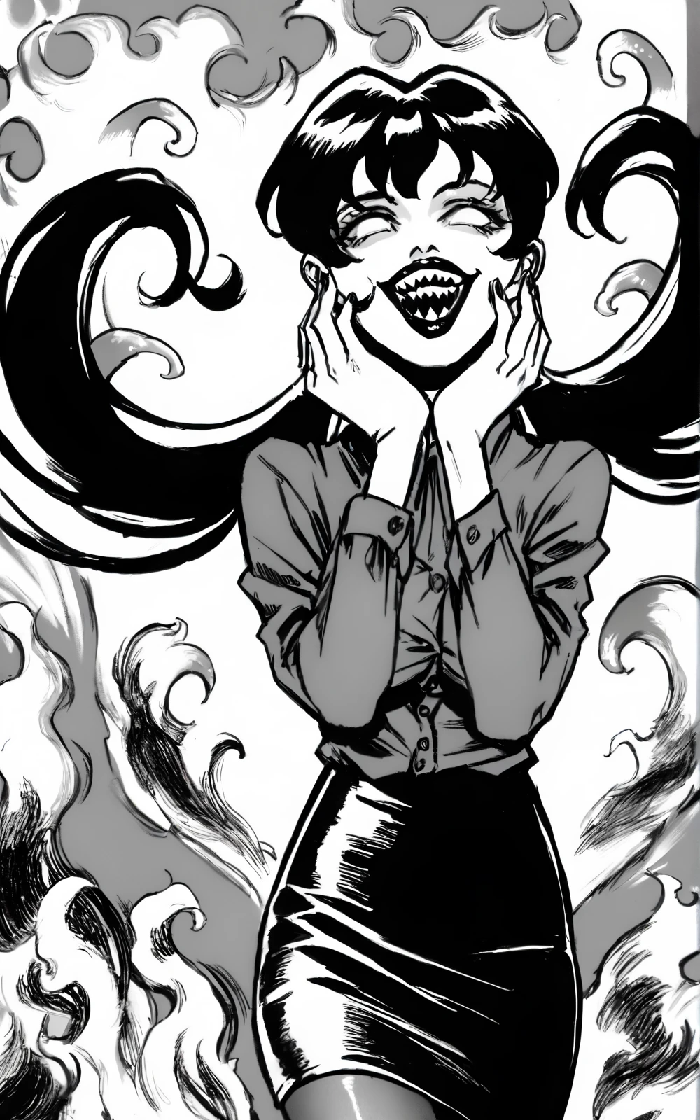 score_9, score_8_up, score_7_up,((best quality)), absurdres,<lora:BerserkStyle:0.8>,greyscale, monochrome, <lora:WillowSDXL:0.8>,WillowSDXL,black hair, twintails, white skin, low twintails, breasts,skirt, pantyhose, red shirt, black skirt, lipstick,long sleeves,button shirt, solo,slim,white eyes,((fire)), forest, tentacles, smile, open mouth , sharp teeth,dark,hands on face