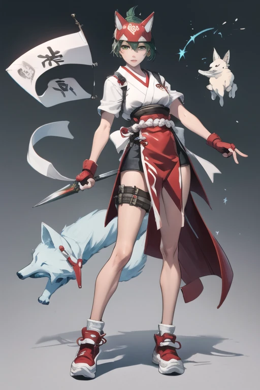 an illustration of a woman in a cartoon costume with a dog character, kunai, 1girl, white kimono, fingerless gloves, japanese clothes, gloves, sneakers, fox mask, fox, weapon, full body, holding, shoes, white background, red gloves, short sleeves, standing, looking at viewer, green hair, kimono, mask, red footwear, hair between eyes, white bow, holding weapon