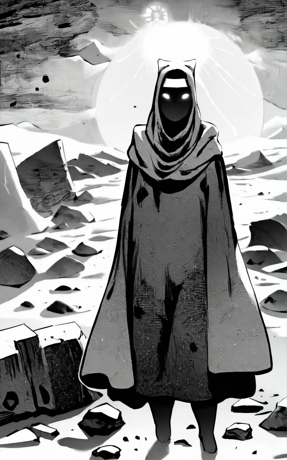 score_9, score_8_up, score_7_up,((best quality)), absurdres, <lora:BerserkStyle:0.8>,((greyscale, monochrome)),<lora:TravelerSDXL:0.8>,TravelerSDXL,white eyes,black skin,blank eyes,no mouth,featureless feet,hooded cloak,hood,hood up,robe,ofuda,scarf,,headband,desert, rocks, ruins,sun