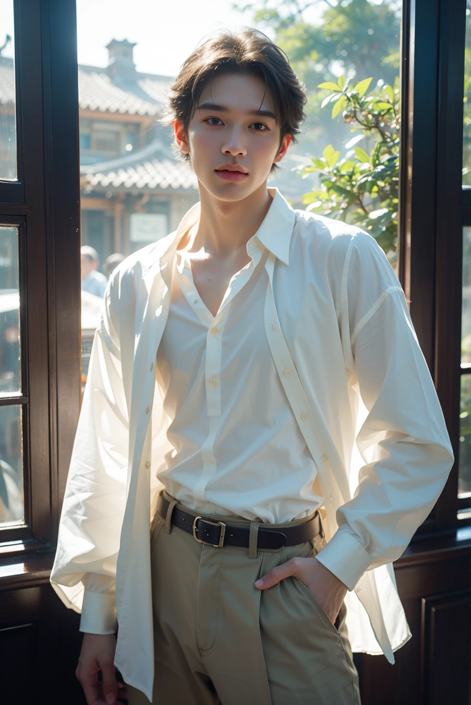 best quality,hyper quality,8k,ultra detail,realistic,RAW photo,dslr,soft lighting,film grain,Fujifilm XT3,Screen Space Refraction,high detailed skin,natural skin texture,Canon 5D,high details,(masterpiece),(best quality),ultra hi res,realistic,
handsome male,young guy,asian male,
blurry background,shirt,blurry,white shirt,1boy,male focus,hands in pockets,realistic,upper body,