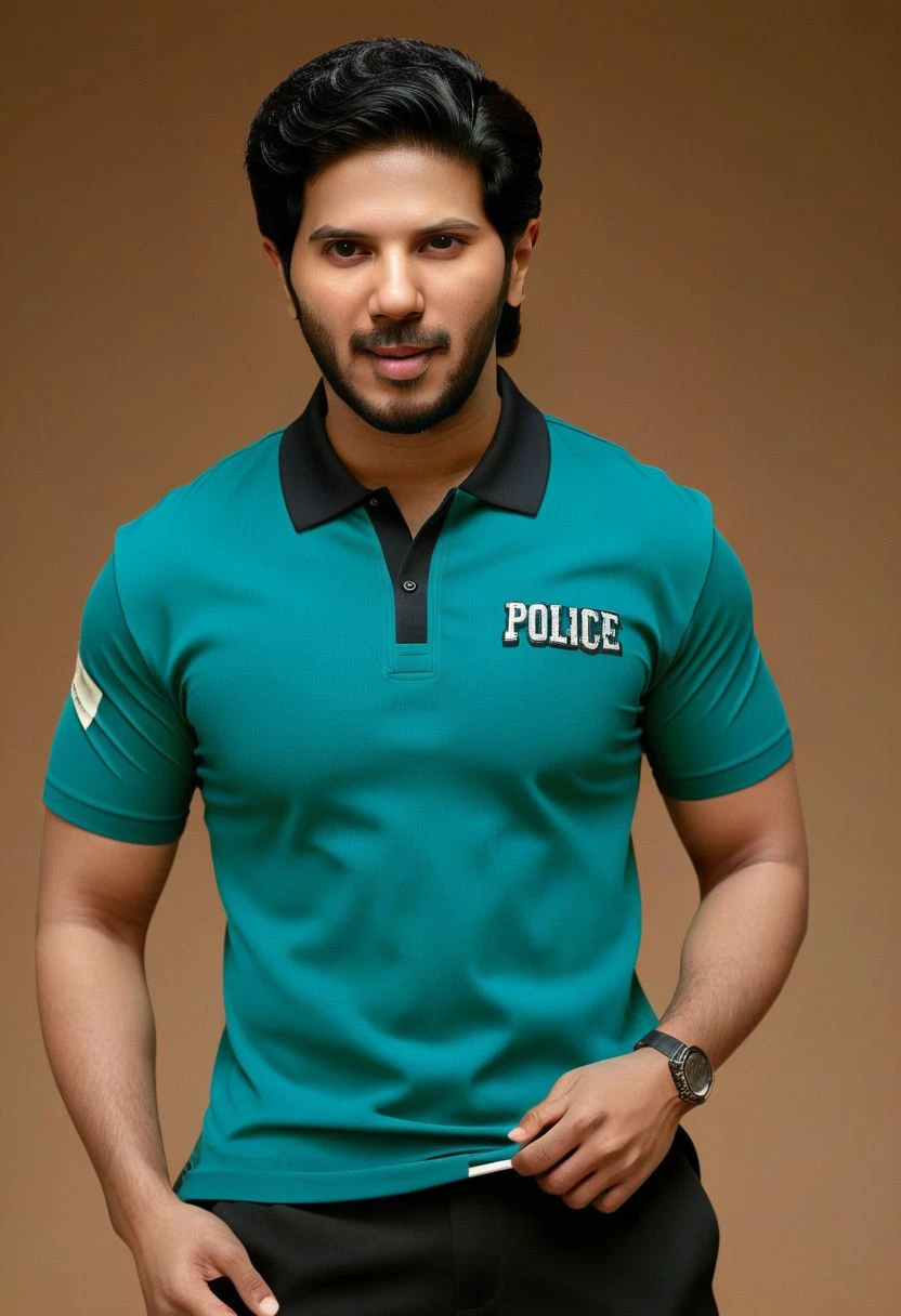 Ultra-detail, (highres:1.1), best quality, (masterpiece:1.3), varun dhawan a man <lora:Dulquer-Salmaan_Varun-Dhawan:1>, skinny muscled, modern haircut, dynamic posture, ((wearing police polo shirt)), dramatic angle, full-body from above looking away,